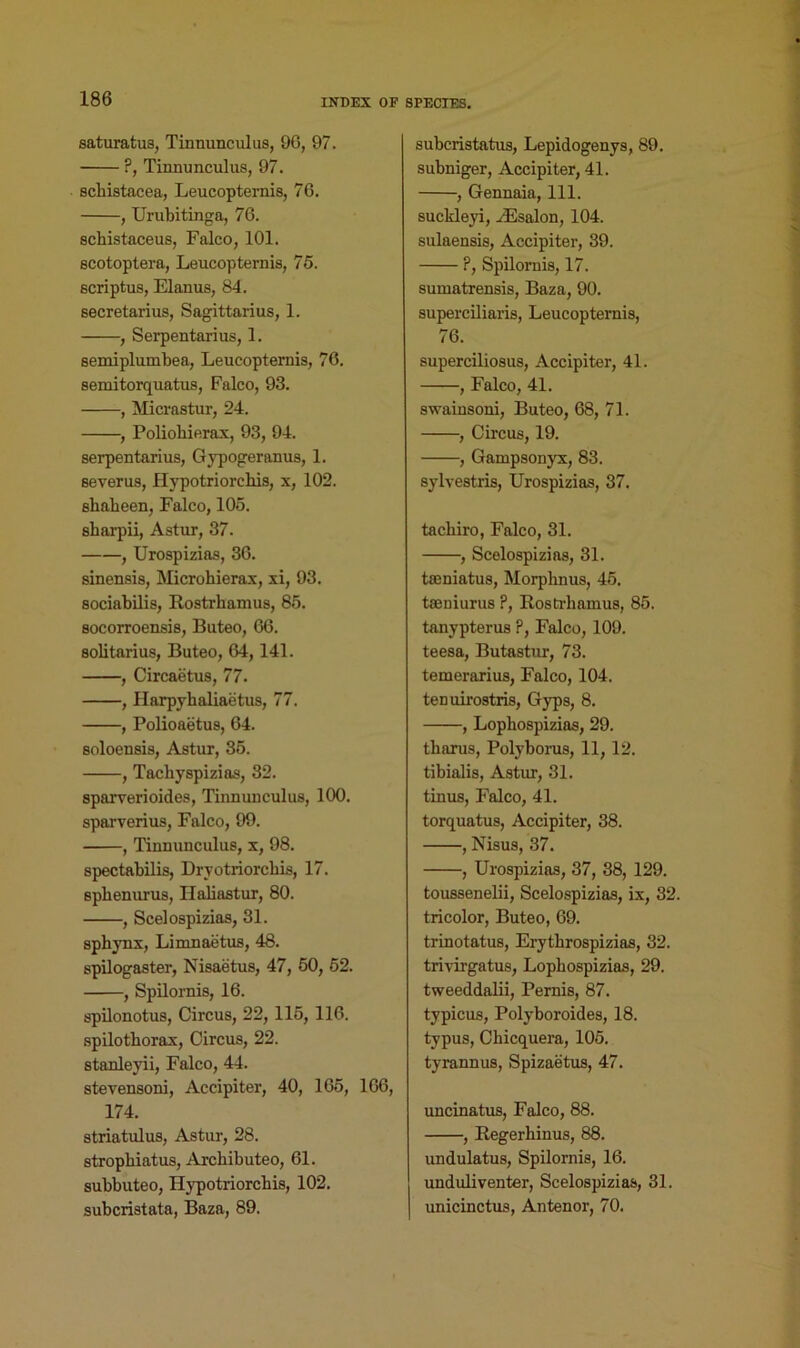 saturatus, Tinnunculus, 96, 97. ?, Tinnunculus, 97. scliistacea, Leucopternis, 76. , Urubitinga, 76. schistaceus, Falco, 101. scotoptera, Leucopternis, 75. scriptus, Elanus, 84. secretarius, Sagittarius, 1. , Serpentarius, 1. semiplumbea, Leucopternis, 76. semitorquatus, Falco, 93. , Micrastur, 24. , Poliobierax, 93, 94. serpentarius, Gvpogeranus, 1. severus, Hypotriorcbis, x, 102. sbabeen, Falco, 105. sbarpii, Astur, 37. , Urospizias, 36. sinensis, Microhierax, xi, 93. sociabilis, Ilostrbanius, 85. socorroensis, Buteo, 66. solitarius, Buteo, 64,141. , Circaetus, 77. , Harpyhaliaetus, 77. , Polioaetus, 64. soloensis, Astur, 35. , Tacbyspizias, 32. sparverioides, Tinnunculus, 100. sparverius, Falco, 99. , Tinnunculus, x, 98. spectabilis, Dryotriorcbis, 17. spbenurus, TIaliastur, 80. , Scelospizias, 31. sphynx, Limnaetus, 48. spilogaster, Nisaetus, 47, 50, 52. , Spilornis, 16. spilonotus, Circus, 22, 115, 116. spilotborax, Circus, 22. stanleyii, Falco, 44. stevensoni, Accipiter, 40, 165, 166, 174. striatulus, Astur, 28. stropbiatus, Arcbibuteo, 61. subbuteo, Hypotriorcbis, 102. subcristata, Baza, 89. subcristatus, Lepidogenys, 89. subniger, Accipiter, 41. , Gennaia, 111. suckleyi, riEsalon, 104. sulaensis, Accipiter, 39. ?, Spilornis, 17. sumatrensis, Baza, 90. superciliaris, Leucopternis, 76. superciliosus, Accipiter, 41. , Falco, 41. swainsoni, Buteo, 68, 71. , Circus, 19. , Gampsonyx, 83. sylvestris, Urospizias, 37. tackiro, Falco, 31. , Scelospizias, 31. ttcniatus, Morphnus, 45. taeniurus ?, Rostrhamus, 85. tanypterus P, Falco, 109. teesa, Butastur, 73. temerarius, Falco, 104. tenuirostris, Gyps, 8. , Lophospizias, 29. tharus, Polyborus, 11, 12. tibialis, Astur, 31. tinus, Falco, 41. torquatus, Accipiter, 38. , Nisus, 37. , Urospizias, 37, 38, 129. toussenelii, Scelospizias, ix, 32. tricolor, Buteo, 69. trinotatus, Erytbrospizias, 32. trivirgatus, Lophospizias, 29. tweeddalii, Pemis, 87. typicus, Polyboroides, 18. typus, Ckicquera, 105. tyrannus, Spizaetus, 47. uncinatus, Falco, 88. , Regerhinus, 88. undulatus, Spilornis, 16. unduliventer, Scelospizias, 31. unicinctus, Antenor, 70.