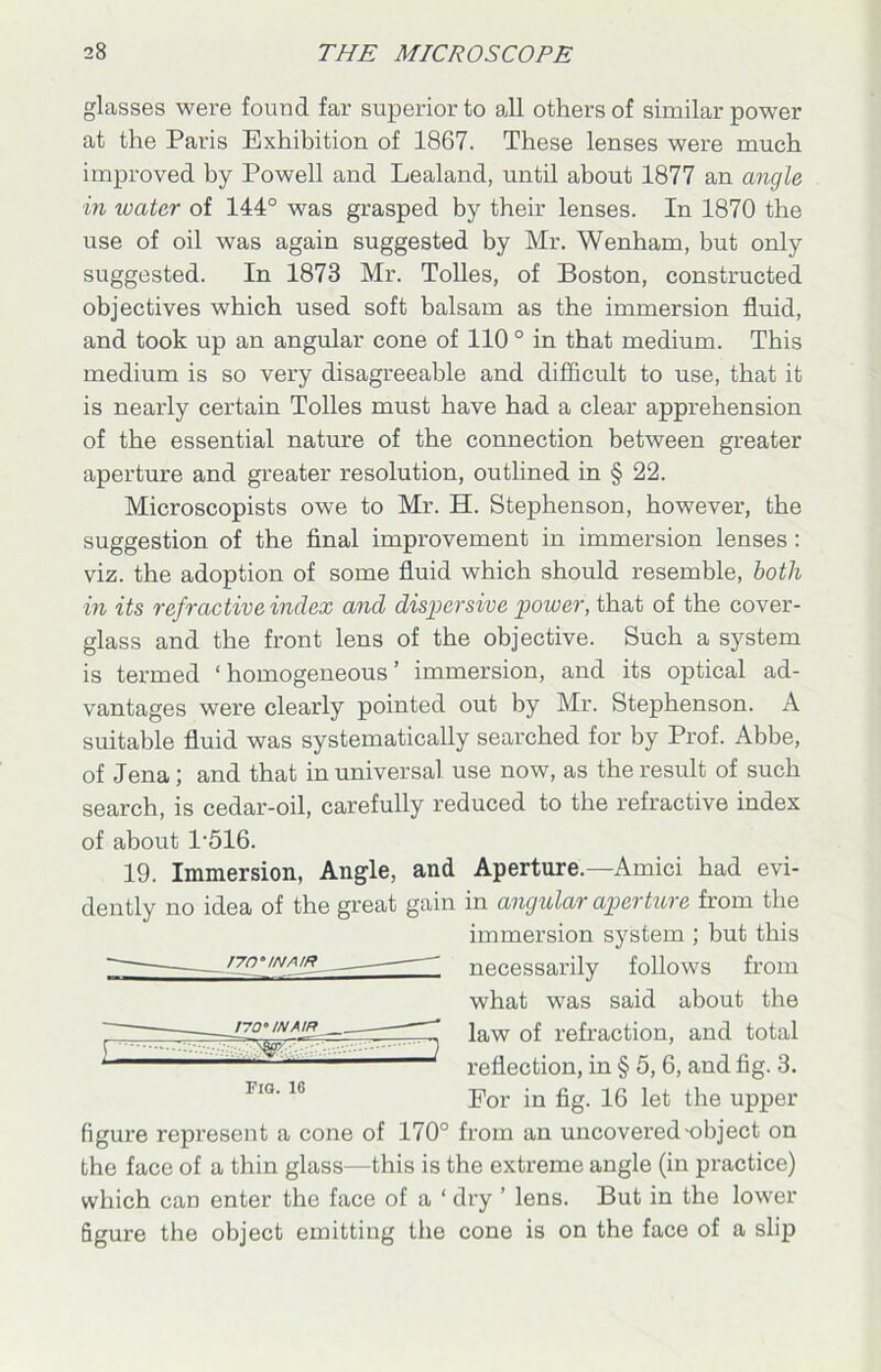 glasses were found far superior to all others of similar power at the Paris Exhibition of 1867. These lenses were much improved by Powell and Lealand, until about 1877 an angle in ivatcr of 144° was grasped by their lenses. In 1870 the use of oil was again suggested by Mr. Wenham, but only suggested. In 1873 Mr. Tolies, of Boston, constructed objectives which used soft balsam as the immersion fluid, and took up an angular cone of 110° in that medium. This medium is so very disagreeable and difficult to use, that it is nearly certain Tolies must have had a clear apprehension of the essential nature of the connection between greater aperture and greater resolution, outlined in § 22. Microscopists owe to Mr. H. Stephenson, however, the suggestion of the final improvement in immersion lenses: viz. the adoption of some fluid which should resemble, both in its refractive index and dispersive power, that of the cover- glass and the front lens of the objective. Such a system is termed ‘ homogeneous ’ immersion, and its optical ad- vantages were clearly pointed out by Mr. Stephenson. A suitable fluid was systematically searched for by Prof. Abbe, of Jena; and that in universal use now, as the result of such search, is cedar-oil, carefully reduced to the refractive index of about P516. 19. Immersion, Angle, and Aperture.—Amici had evi- dently no idea of the great gain in angular aperture from the immersion system ; but this necessarily follows from what was said about the law of refraction, and total reflection, in § 5, 6, and fig. 3. For in fig. 16 let the upper figure represent a cone of 170° from an uncovered-object on the face of a thin glass—this is the extreme angle (in practice) which can enter the face of a ‘ dry ’ lens. But in the lower figure the object emitting the cone is on the face of a slip 170° IN AIR 170° IN AIR 'S’T : Fig. 16