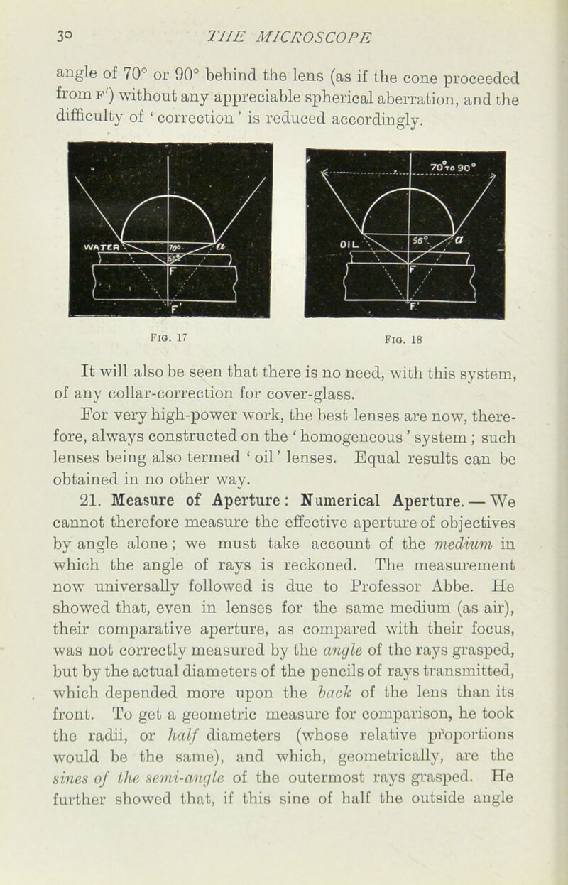 angle of /0° or 90° behind the lens (as if the cone proceeded from f') without any appreciable spherical aberration, and the difficulty of ‘ correction ’ is reduced accordingly. FIS. 17 Fig. is It will also be seen that there is no need, with this system, of any collar-correction for cover-glass. For very high-power work, the best lenses are now, there- fore, always constructed on the ‘ homogeneous ’ system ; such lenses being also termed ‘ oil ’ lenses. Equal results can be obtained in no other way. 21. Measure of Aperture: Numerical Aperture. — We cannot therefore measure the effective aperture of objectives by angle alone; we must take account of the medium in which the angle of rays is reckoned. The measurement now universally followed is due to Professor Abbe. He showed that, even in lenses for the same medium (as air), their comparative aperture, as compared with their focus, was not correctly measured by the angle of the rays grasped, but by the actual diameters of the pencils of rays transmitted, which depended more upon the back of the lens than its front. To get a geometric measure for comparison, he took the radii, or half diameters (whose relative proportions would be the same), and which, geometrically, are the sines of the semi-angle of the outermost rays grasped. He further showed that, if this sine of half the outside angle