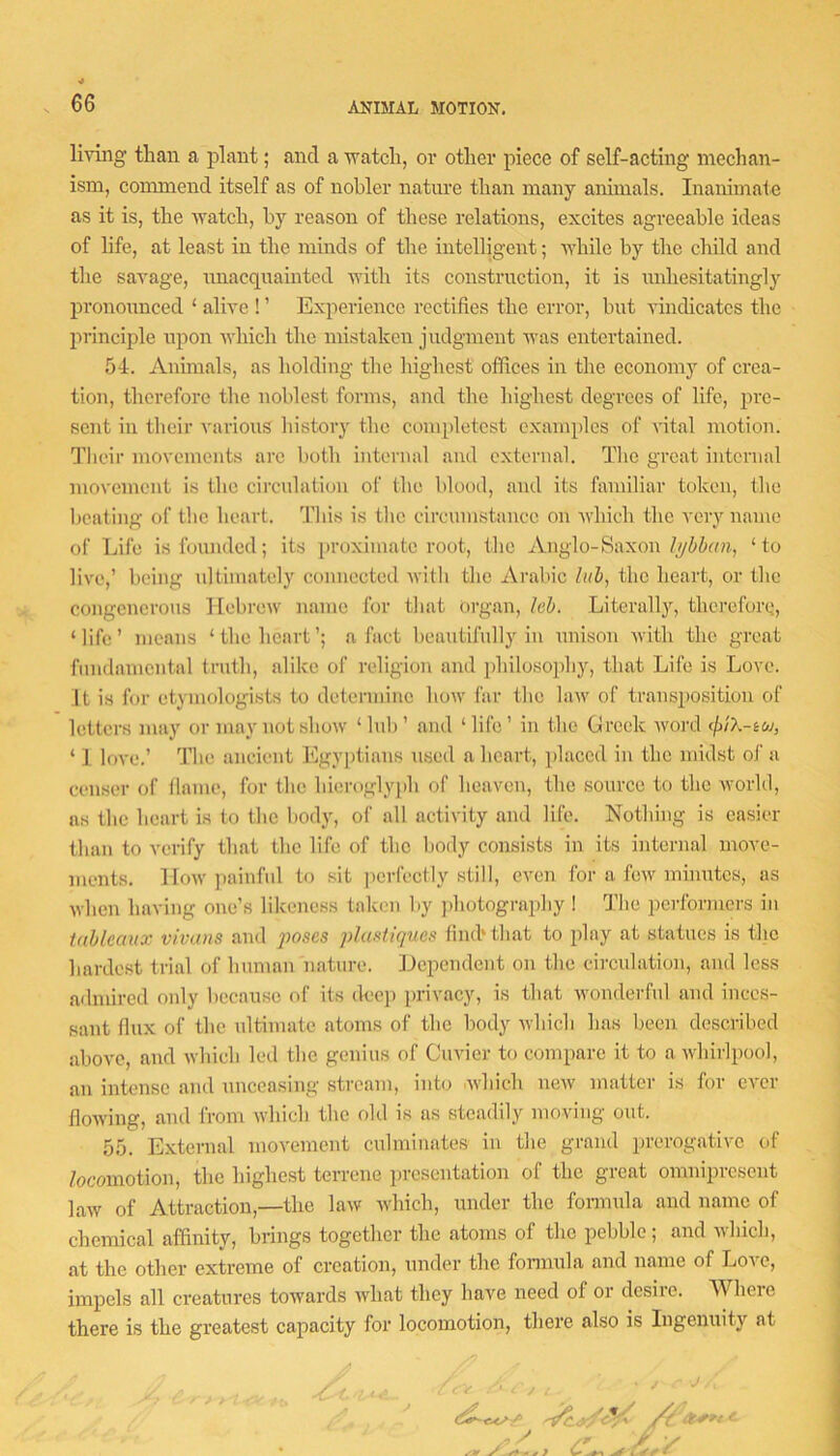 living than a plant; and a watch, or other piece of self-acting mechan- ism, commend itself as of nobler nature than many animals. Inanimaie as it is, the watch, by reason of these relations, excites agreeable ideas of life, at least in the minds of the intelligent; while by tlie child and tlie savage, unacquainted with its construction, it is unhesitatingly pronounced ‘ alive ! ’ Experience rectifies the error, but vindicates the principle upon which the mistaken judgment was entertained. 54. Animals, as holding the highest offices in the eeonomy of crea- tion, therefore the noblest forms, and the highest degrees of life, pre- sent in their various history the completest examples of vital motion. Their movements arc both internal and external. The great internal movement is the circulation of the blood, and its familiar token, the beating of the heart. This is the circumstance on Avhich the very name of Life is founded; its luoximatc root, the Anglo-Saxon/yiio?!., ‘to live,’ being ultimately connected with the Arabic liih, the heart, or the congenerous Hebrew name for that organ, leh. Literally, therefore, ‘life’ means ‘the heart’; a fact beautifully in unison with the great fundamental truth, alike of religion and philosophy, that Life is Love. It is for etymologists to determine how far the law of transposition of letters may or may not show ‘lub’ and ‘life’ in the Greek word (fi'iX-iu, ‘ 1 love.’ The ancient Egyptians used a heart, jfiaced in the midst of a censer of tlame, for the hicrogly[)h of heaven, the source to the world, as the heart is to the body, of all activity and life. Nothing is easier than to verify that the life of the body consists in its internal move- ments, How painful to sit perfectly still, even for a few minutes, as when having one’s likeness taken by ])hotography ! The pci'for)uers in tableaux vivans and phistiques lind'that to play at statues is tlio hardest trial of human nature. Hependent on the circulation, and less admired only hecausc of its deep privacy, is that wonderful and inces- sant flux of the ultimate atoms of the body which has been described above, and which led the genius of Cuvier to compare it to a whirlpool, an intense and unceasing stream, into which new matter is for ever flowing, and from which the old is as steadily moving out. 55. E.xternal moA'ement culminates in the grand prerogative of /ocomotion, the highest terrene presentation of the great omnipresent law of Attraction,—the law which, under the fonmda and name of chemical affinity, brings together the atoms of the pebble; and which, at the other extreme of creation, under the fonnula and name of Love, impels all creatures towards what they have need of or desire. Where there is the greatest capacity for locomotion, there also is Ingenuity at