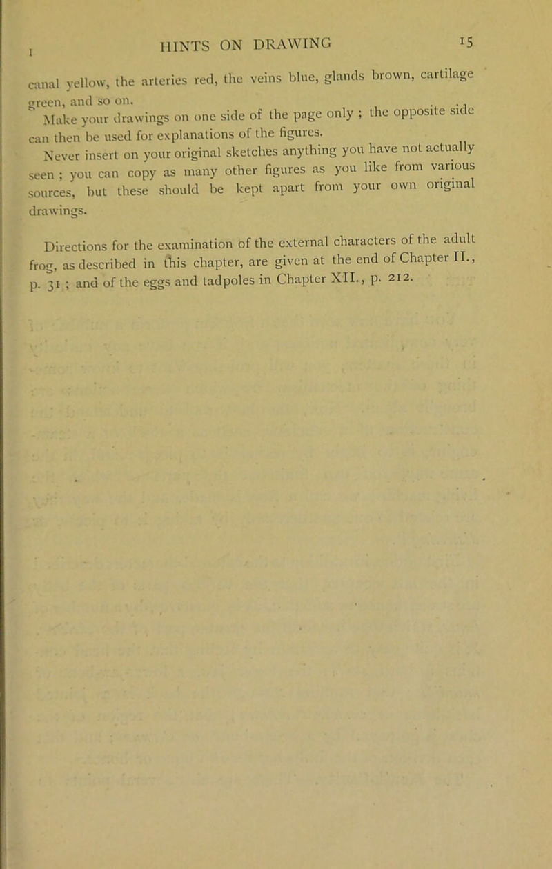 1 canal yellow, the arteries red, the veins blue, glands brown, cartilage green, and so on. ., Make your drawings on one side of the page only ; the opposite side can then be used for explanations of the figures. Never insert on your original sketches anything you have not actually seen ; you can copy as many other figures as you like from various sources, but these should be kept apart from your own original drawings. Directions for the examination of the external characters of the adult frog, as described in this chapter, are given at the end of Chapter II., p. 31 ; and of the eggs and tadpoles in Chapter XII., p. 212.
