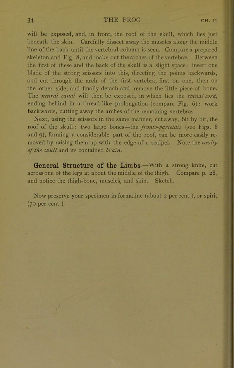 will be exposed, and, in front, the roof of the skull, which lies just beneath the skin. Carefully dissect away the muscles along the middle line of the back until the vertebral column is seen. Compare a prepared skeleton and Fig 8, and make out the arches of thevertebne. Between the first of these and the back of the skull is a slight space : insert one blade of the strong scissors into this, directing the points backwards, and cut through the arch of the first vertebra, first on one, then on the other side, and finally detach and remove the little piece of bone. The tmcral canal will then be exposed, in which lies the spinal cord, ending behind in a thread-like prolongation (compare Fig. 6): work backwards, cutting away the arches of the remaining vertebrae. Next, using the scissors in the same manner, cutaway, bit by bit, the roof of the skull : two large bones—the fronto-parietais (see Figs. 8 and 9), forming a considerable part of the roof, can be more easily re- moved by raising them up with the edge of a scalpel. Note the cavity of the skull and its contained brain. General Structure of the Limbs.—With a strong knife, cut across one of the legs at about the middle of the thigh. Compare p. 28, and notice the thigh-bone, muscles, and skin. Sketch. Now preserve your specimen in formaline (about 2 percent.), or spirit (70 per cent.).