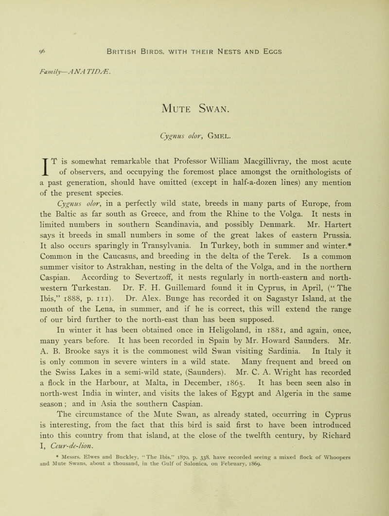 Family—ANA TIDFE. Mute Swan. Cygnus olor, Gmel. IT is somewhat remarkable that Professor William Macgillivray, the most acute of observers, and occupying the foremost place amongst the ornithologists of a past generation, should have omitted (except in half-a-dozen lines) any mention of the present species. Cygnus olor, in a perfectly wild state, breeds in many parts of Europe, from the Baltic as far south as Greece, and from the Rhine to the Volga. It nests in limited numbers in southern Scandinavia, and possibly Denmark. Mr. Hartert says it breeds in small numbers in some of the great lakes of eastern Prussia. It also occurs sparingly in Transylvania. In Turkey, both in summer and winter.* Common in the Caucasus, and breeding in the delta of the Terek. Is a common summer visitor to Astrakhan, nesting in the delta of the Volga, and in the northern Caspian. According to Severtzoff, it nests regularly in north-eastern and north- western Turkestan. Dr. F. H. Guillemard found it in Cyprus, in April, (“ The Ibis,” 1888, p. III). Dr. Alex. Bunge has recorded it on Sagastyr Island, at the mouth of the Lena, in summer, and if he is correct, this will extend the range of our bird further to the north-east than has been supposed. In winter it has been obtained once in Heligoland, in 1881, and again, once, many years before. It has been recorded in Spain by Mr. Howard Saunders. Mr. A. B. Brooke says it is the commonest wild Swan visiting Sardinia. In Italy it is only common in severe winters in a wild state. Many frequent and breed on the Swiss Lakes in a semi-wild state, (Saunders). Mr. C. A. Wright has recorded a flock in the Harbour, at Malta, in December, 1865. It has been seen also in north-west India in winter, and visits the lakes of Egypt and Algeria in the same season; and in Asia the southern Caspian. The circumstance of the Mute Swan, as already stated, occurring in Cyprus is interesting, from the fact that this bird is said first to have been introduced into this country from that island, at the close of the twelfth century, by Richard I, Ceur-de-lion. * Messrs. Ehves and Buckle3', “ The Ibis,” 1870, p. 338, have recorded seeing a mixed flock of Whoopers and Mute Swans, about a thousand, in the Gulf of Salonica, on Februar}-, 1869.