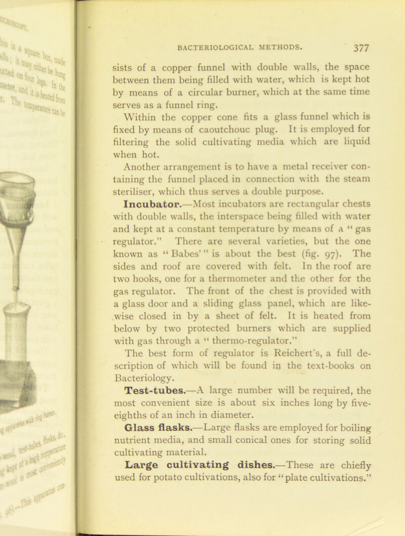 sists of a copper funnel with double walls, the space between them being filled with water, which is kept hot by means of a circular burner, which at the same time serves as a funnel ring. Within the copper cone fits a glass funnel which is fixed by means of caoutchouc plug. It is employed for filtering the solid cultivating media which are liquid when hot. Another arrangement is to have a metal receiver con- taining the funnel placed in connection with the steam steriliser, which thus serves a double purpose. Incubator.—Most incubators are rectangular chests with double walls, the interspace being filled with water and kept at a constant temperature by means of a “ gas regulator.” There are several varieties, but the one known as “ Babes’ ” is about the best (fig. 97). The sides and roof are covered with felt. In the roof are two hooks, one for a thermometer and the other for the gas regulator. The front of the chest is provided with a glass door and a sliding glass panel, which are like- wise closed in by a sheet of felt. It is heated from below by two protected burners which are supplied with gas through a “ thermo-regulator.” The best form of regulator is Reichert's, a full de- scription of which will be found in the text-books on Bacteriology. Test-tubes.—A large number will be required, the most convenient size is about six inches long by five- eighths of an inch in diameter. Glass flasks.—Large flasks are employed for boiling nutrient media, and small conical ones for storing solid cultivating material. Large cultivating dishes.—These are chiefly used for potato cultivations, also for “plate cultivations.”