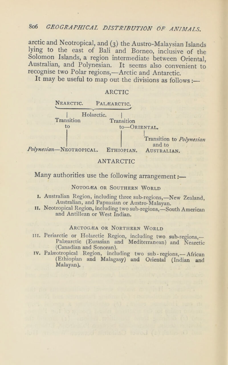 arctic and Neotropical, and (3) the Austro-Malaysian Islands lying to the east of Bali and Borneo, inclusive of the Solomon Islands, a region intermediate between Oriental, Australian, and Polynesian. It seems also convenient to recognise two Polar regions,—Arctic and Antarctic. It may be useful to map out the divisions as follows:— ARCTIC Nearctic. Pal^arctic. ^ V ' Holarctic. Transition Transition to to—Oriental. I Transition to Polynesian and to Polynesian—Neotropical. Ethiopian. Australian. ANTARCTIC Many authorities use the following arrangement:— Notog^ea or Southern World I. Australian Region, including three sub-regions,—New Zealand, Australian, and Papuasian or Austro-Malayan. II. Neotropical Region, including two sub-regions,—South American and Antillean or West Indian. Arctog^a or Northern World III. Periarctic or Holarctic Region, including two sub-regions,— Palsearctic (Eurasian and Mediterranean) and Nearctic (Canadian and Sonoran). IV. Palceotropical Region, including two sub-regions,— African (Ethiopian and Malagasy) and Oriental (Indian and Malayan).