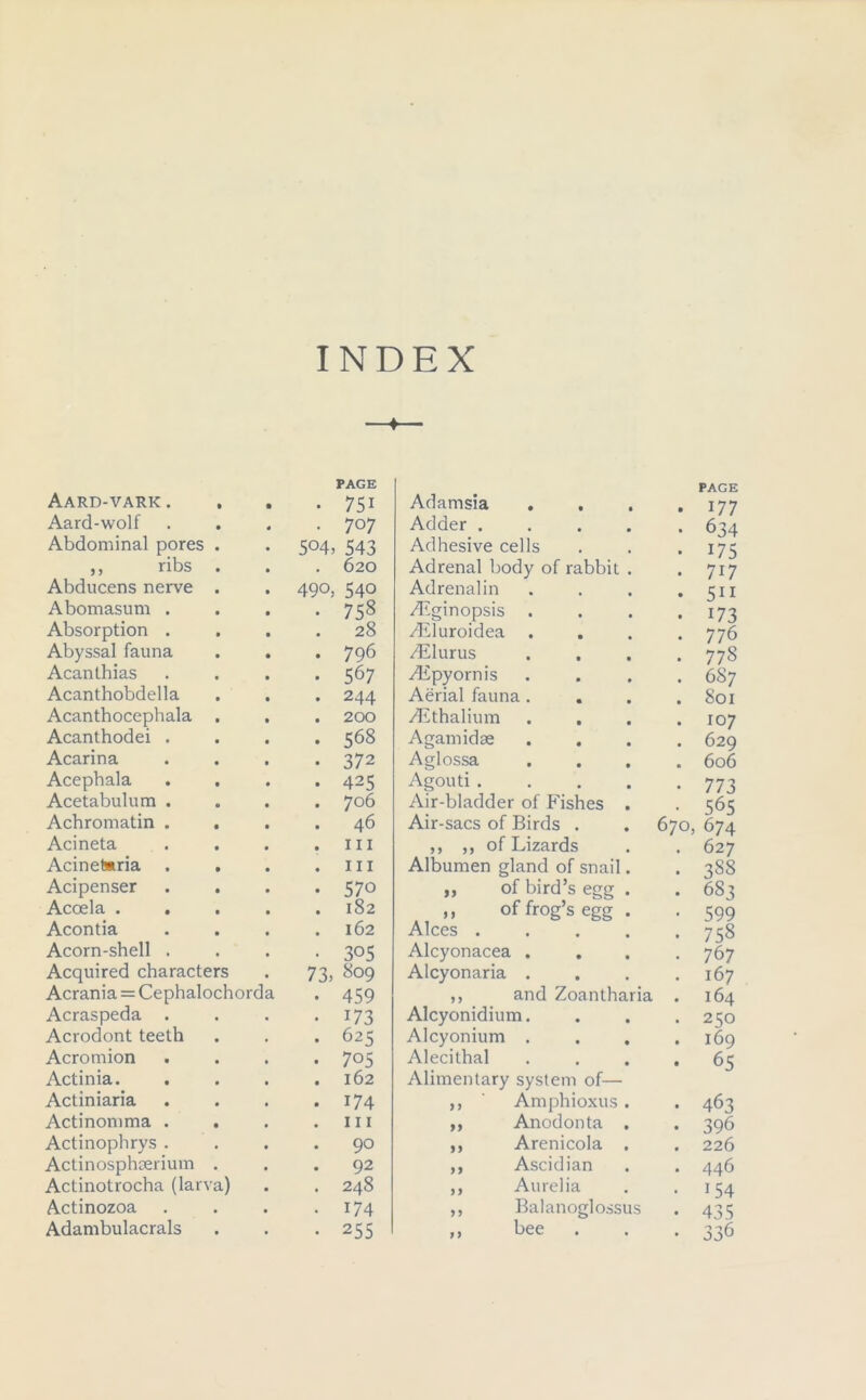 PAGE PAGE Aard-vark . • 751 Adamsia . , . 177 Aard-wolf • 707 Adder .... 634 Abdominal pores 504, 543 Adhesive cells 175 ,, ribs . 620 Adrenal body of rabbit . 717 Abducens nerve 490, 540 Adrenalin 511 Abomasum . • 758 /Eginopsis . i73 Absorption . 28 /Eluroidea . 776 Abyssal fauna . 796 /Elurus 778 Acanthias • 567 .Epyornis 6S7 Acanthobdella • 244 Aerial fauna . . 801 Acanthocephala . 200 jEthalium . . 107 Acanthodei . . 568 Agamidae 629 Acarina • 372 Aglossa 606 Acephala . 425 Agouti .... 773 Acetabulum . . 706 Air-bladder of Fishes . 565 Achromatin . 46 Air-sacs of Birds . 670, 674 Acineta . hi ,, ,, of Lizards 627 Acinetstria . . hi Albumen gland of snail. 388 Acipenser • 570 „ of bird’s egg . 683 Accela . . . 182 ,, offrog’segg. 599 Acontia . 162 Alces .... 758 Acorn-shell . • 305 Alcyonacea . 767 Acquired characters 73> 809 Alcyonaria . 167 Acrania = Cephalochorda • 459 ,, and Zoantharia 164 Acraspeda . • • 173 Alcyonidium. 250 Acrodont teeth • . 625 Alcyonium . 169 Acromion • • 705 Alecithal 65 Actinia. • . 162 Alimentary system of— Actiniaria • . 174 ,, ' Amphioxus. 463 Actinomma . • . 111 ,, Anodonta . 396 Actinophrys . . . 90 ,, Arenicola . 226 Actinosphoerium • . 92 ,, Ascidian 446 Actinotrocha (lan a) . 248 ,, Aurelia 1 54 Actinozoa • • 174 ,, Balanoglossus 435 Adambulacrals • • 255 ,, bee 336