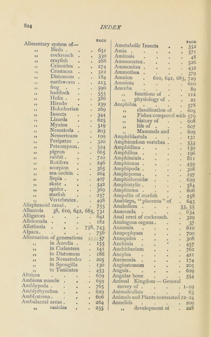 Alimentary system of— PAGE 9 9 Birds . • 651 99 cockroach . • 33° )J crayfish • 288 9 9 Crinoidea . • 274 5 >. Crustacea . • 312 9 9 Distomum . • 184 9 9 earthworm . • 215 99 frog . . 590 9 9 haddock • 555 99 Helix . • 386 99 Hirudo . • 239 9 9 Holothurian • 269 99 Insects • 344 9 9 Lizards • 625 9 9 Myxine • 5*9 9 9 Nematoda . 203 99 Nemerteans • 199 9 9 Peripatus • 320 99 Petromyzon. • 524 99 pigeon • 665 99 rabbit . . • 710 9 9 Rotifera • 246 99 scorpion • 365 99 sea-urchin . • 264 99 Sepia . • 407 99 skate . . 542 99 spider. • 369 9 9 starfish • 257 9 9 Vertebrates. • 498 Alisphenoid canal. • 755 Allantois 38, 610, 642, 685, 73i Alligators • • • • 641 Alloiocoela • • • • 182 Allotheria • • • 738. 743 Alpaca. • • • 756 Alternation of generations j.3 57 9 9 in Aurelia . 155 99 in Coelentera 141 99 in Distomum 186 99 in Nematodes # 205 99 in Spongilla • 130 99 in Tunicates # 453 Altrices • • • a 679 Ambiens muscle . . • 659 Amblypoda • 765 Amblyrhynchus . . • 629 Amblystoma. . , • 606 Ambulacral areas . . • 264 99 ossicles . • 255 page Ametabolic Insects . . 332 Amia 57I Amitosis .... 48 Ammocoetes.... 526 Ammonites .... 432 Ammothea .... 379 Amnion . 610. 642, 683, 729 Amniota .... 610 Amoeba .... 89 ,, functions of . . 112 „ physiology of . .22 Amphibia .... 578 ,, classification of . 605 ,, Fishes compared with 579 ,, history of . . 608 ,, life of . . . 607 „ Mammals and . 609 Amphiblastula . . .131 Amphicoelous vertebra . . 533 Amphidiscs . . . .130 Amphilina . . . .196 Amphimixis. . . . Sn Amphioxus .... 459 Amphipoda .... 308 Amphiporus. . . . 197 Amphisbmnidae . . . 629 Amphistylic .... 584 Amphiuma .... 606 Ampullae of starfish . . 258 Anableps, “ placenta ” of . 643 Anabolism . . . 33, 33 Anaconda .... 634 Anal cerci of cockroach. . 329 Analogous organs. . *37 Anamnia . . . .610 Anapophyses . . . 700 Anaspides .... 308 Anchinia . 457 Anchitherium . . . 762 Ancylus . . . .421 Anemonia . . . .174 Angiostomum . . . 205 Anguis..... 629 Angular bone . . -554 Animal Kingdom — General survey of . . . . 1-19 Animalculists ... 63 Animals and Plants contrasted 22-24 Annelids .... 209 ,, development of . 22S