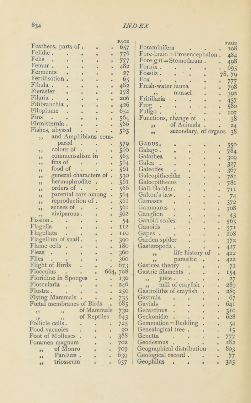Feathers, parts of. « PAGE 657 Felidae . . , • 776 Felis • 777 Femur . , , • 482 Ferments . , • 27 Fertilisation . . • 65 Fibula . . . • 482 Fierasfer • 178 Filaria . • 206 Filibranchia . • 426 Filoplume • 654 Fins . . . • 564 Firmisternia . • 586 Fishes, abyssal • 563 ,, and Amphibians com- pared • 579 ,, colour of . • 560 ,, commensalism in • 563 ,, fins of • 564 ,, food of • 561 „ general characters of • 530 ,, hermaphrodite • 56i ,, orders of . • 566 ,, parental care among • 564 ,, reproduction of . • 561 ,, senses of . • 56i ,, viviparous. • 562 Fission. • 54 Flagella • 112 Flagellata • 110 Flagellum of snail. • 390 Flame cells . • 180 Fleas . • 360 Flies . • 360 Flight of Birds • 673 Flocculus . 664, 708 Floridine in Sponges • 130 Floscularia . • 246 Flustra . • 250 Flying Mammals . • 735 Foetal membranes of Birds • 685 ,, ,, of Mammals 730 ,, ,, of Reptiles 643 Follicle cells. • 725 Food vacuoles • 90 Foot of Molluscs . • 388 Foramen magnum • 702 ,, of Monro • 709 ,, Panizzse . • 639 ,, triosseum • 657 PAGE Foraminifera . . . 108 Fore-brain = Prosencephalon . 484 Fore-gut = Stomocteeum . . 498 Fornix 695 Fossils .... 78, 79 Fox 777 Fresh-water fauna . . 798 ,, mussel . . 392 Fritillaria .... 457 Frog . . . . .580 Fuligo 107 Functions, change of • 38 ,, of Animals . . 24 ,, secondary, of organs 38 Gadus. .... 550 Galago 784 Galathea .... 309 Galea ..... 327 Galeodes .... 367 Galeopithecidre . . .781 Galeopithecus . . . 781 Gall-bladder. . . . 711 Galton’s law.... 74 Gamasus .... 372 Gammarus .... 308 Ganglion .... 43 Ganoid scales .' . . 565 Ganoids . . . . 571 Gapes 208 Garden spider . . . 372 Gasteropoda. . . .417 ,, life history of . 422 ,, parasitic . . 422 Gastrcea theory . . . 71 Gastric filaments . . *154 ,, juice. ... 27 ,, mill of crayfish . . 289 Gastroliths of crayfish . . 289 Gastrula .... 67 Gavials . . . .641 Gecarcinus . . . .310 Geckonidre .... 628 Gemmation = Budding . . 54 Genealogical tree . . . 15 Genetta .... 777 Geodesmus . . . .182 Geographical distribution . 803 Geological record ... 77 Geophilus .... 325