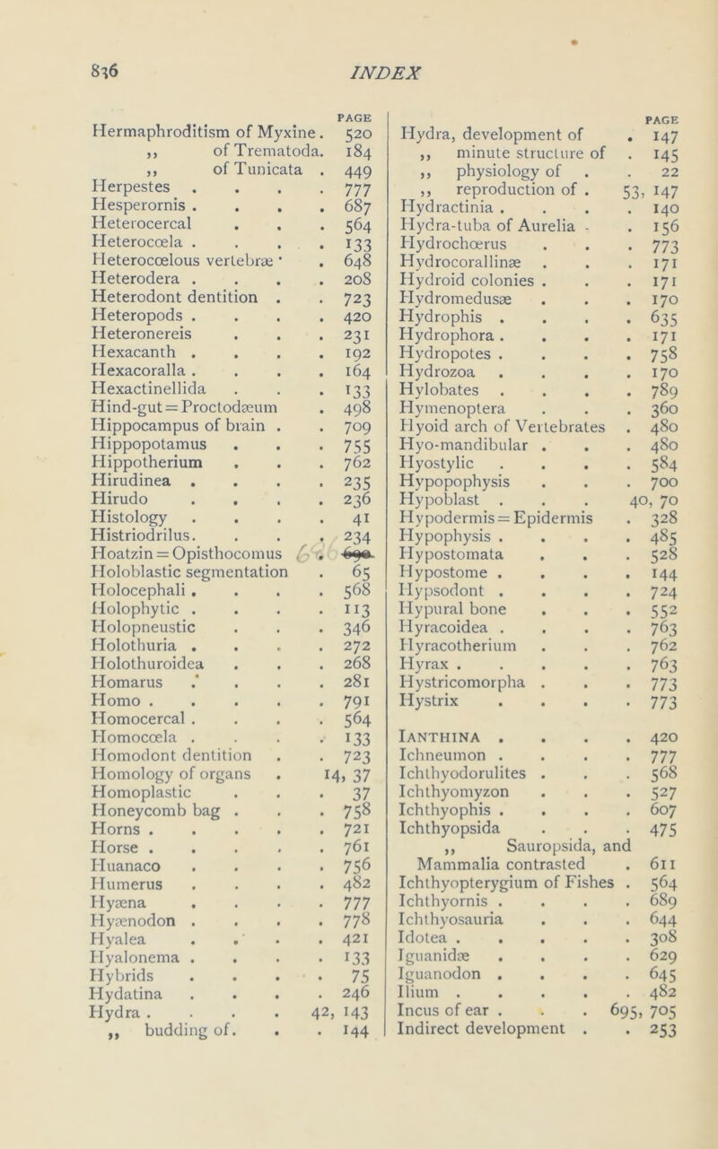 Hermaphroditism of Myxine ,, ofTrematoda ,, ofTunicata Herpestes Hesperornis . Heterocercal Heterocoela . Heterocoelous vertebra; Heterodera . Heterodont dentition Heteropods . Heteronereis Hexacanth . Hexacoralla . Hexactinellida Hind-gut = Proctodaeum Hippocampus of brain Hippopotamus Hippotherium Hirudinea . Plirudo Histology Histriodrilus. PIoatzin = Opisthocomus . Holoblastic segmentation Holocephali . Holophytic . Holopneustic Holothuria . Holothuroidea Homarus Homo . Homocercal . Homocoela . Homodont dentition Homology of organs Homoplastic Honeycomb bag Horns . Horse . Huanaco Humerus Plyaena Hyaenodon Hyalea Hyalonema Hybrids Hydatina Plydra .... 42, budding of i) PAGE 520 I84 449 777 687 564 133 648 20S 723 420 231 192 164 T33 498 709 755 762 235 236 41 234 65 568 113 346 272 268 281 791 564 133 723 > 37 37 758 721 761 756 482 777 778 421 133 75 246 M3 144 14 PAGE Hydra, development of . 147 ,, minute structure of . 145 ,, physiology of .22 ,, reproduction of . 53, 147 Hydractinia .... 140 Hydra-tuba of Aurelia - .156 Plydrochcerus . . . 773 Hydrocoral linae . . .171 Hydroid colonies . . .171 Plydromedusae . . .170 Hydrophis .... 635 Hydrophora. . . .171 Hydropotes .... 758 Hydrozoa . . . .170 Hylobates .... 789 Hymenoptera . . . 360 Hyoid arch of Vertebrates . 480 Hyo-mandibular . . . 480 Hyostylic .... 584 Hypopophysis . . . 700 Hypoblast . . . 40, 70 PIypodermis = Epidermis . 328 Hypophysis .... 485 Plypostomata . . . 528 Hypostome . . . .144 Iiypsodont .... 724 Hypural bone . . . 552 Hyracoidea .... 763 Hyracotherium . . . 762 Hyrax ..... 763 Hystricomorpha . . . 773 Hystrix . . . -773 Ianthina .... 420 Ichneumon .... 777 Ichthyodorulites . . . 568 Ichthyomyzon . . .527 Ichthyophis .... 607 Ichthyopsida . . . 475 ,, Sauropsida, and Mammalia contrasted . 611 Ichthyopterygium of Fishes . 564 Ichthyornis .... 689 Ichthyosauria . . . 644 Idotea ..... 308 Iguanidae .... 629 Iguanodon .... 645 Ilium ..... 482 Incus of ear . . . 695, 705 Indirect development . . 253