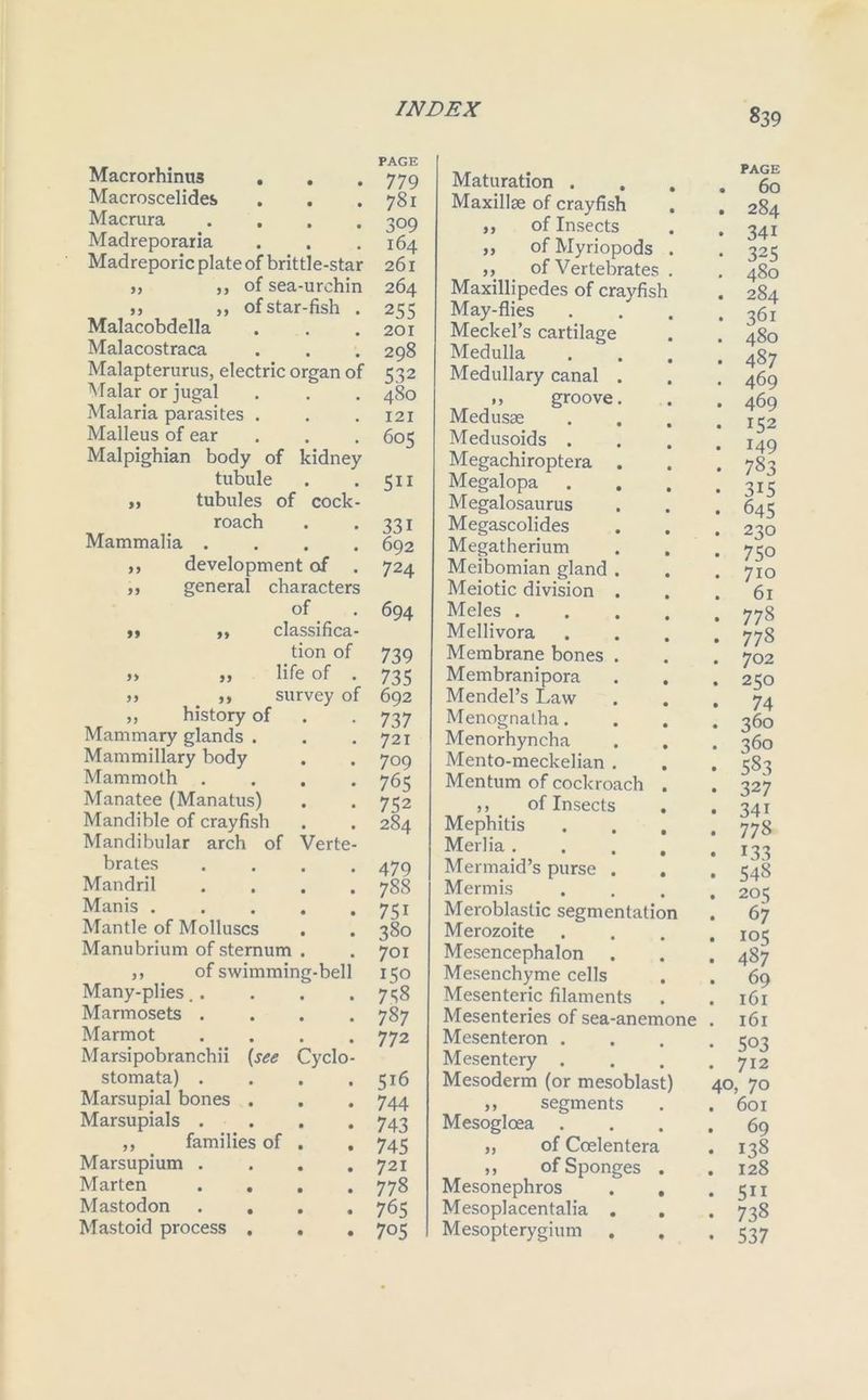 Macrorhinus , Macroscelides Macrura . Madreporaria Madreporic plate of brittle-star >, ,, of sea-urchin ,, ,, of star-fish . Malacobdella Malacostraca Malapterurus, electric organ of Malar or jugal Malaria parasites . Malleus of ear Malpighian body of kidney tubule ,, tubules of cock- roach Mammalia .... ,, development of . ,, general characters of »» ,, classifica- tion of »> „ life of . >) ,, survey of ,, history of Mammary glands . Mammillary body Mammoth .... Manatee (Manatus) Mandible of crayfish Mandibular arch of Verte- brates Mandril M an is . Mantle of Molluscs Manubrium of sternum ,, of swimming-bell Many-plies. . Marmosets . Marmot Marsipobranchii {see Cyclo- stomata) . Marsupial bones . Marsupials . ,, families of Marsupium . Marten . . Mastodon Mastoid process . PAGE 779 781 309 164 261 264 255 201 298 532 480 121 605 5ii 331 692 724 694 739 735 692 737 721 709 765 752 284 479 788 75i 380 701 150 758 787 77 2 516 744 743 745 721 778 765 705 Maturation . Maxillae of crayfish ,, of Insects „ of Myriopods ,, of Vertebrates Maxillipedes of crayfisl May-flies Meckel’s cartilage Medulla Medullary canal ,, groove Medusae Medusoids . Megachiroptera Megalopa Megalosaurus Megascolides Megatherium Meibomian gland Meiotic division Meles . Mellivora Membrane bones Membranipora Mendel’s Law Menognatha. Menorhyncha Mento-meckelian . Men turn of cockroach ,, of Insects Mephitis Merlia . Mermaid’s purse Mermis Meroblastic segmentation Merozoite Mesencephalon Mesenchyme cells Mesenteric filaments Mesenteries of sea-anemoi Mesenteron . Mesentery . Mesoderm (or mesoblast ,, segments Mesogloea ,, of Coelentera ,, of Sponges Mesonephros Mesoplacentalia . Mesopterygium PAGE . 60 . 284 • 341 • 325 . 480 . 284 . 36l . 480 • 487 • 469 • 469 . 132 . 149 • 783 • 315 • 645 • 230 • 750 . 710 . 6l . 778 . 778 . 702 . 250 • 74 • 360 • 360 • 583 • 327 • 34i . 778 • L33 . 548 . 205 . 67 • 105 . 487 . 69 . 161 . 161 • 503 . 712 40, 70 . 601 . 69 • 138 . 128 • 5ii • 738 • 537