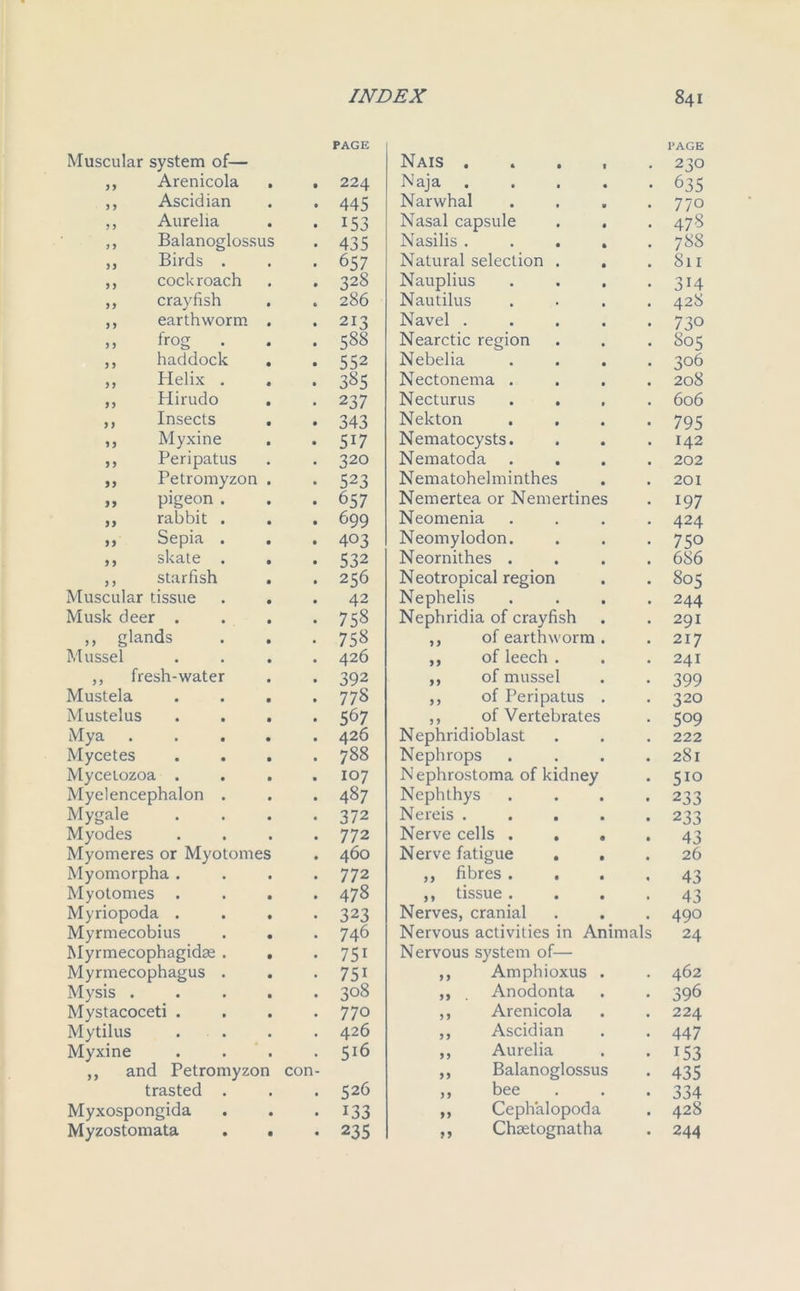 Muscular system of— PAGE ,, Arenicola . . 224 ,, Ascidian • 445 ,, Aurelia • 153 ,, Balanoglossus • 435 ,, Birds . • 657 ,, cockroach . 328 ,, crayfish . 286 ,, earthworm . . 213 ,, frog . . 588 ,, haddock . . 552 ,, Helix . . 385 ,, Hirudo • 237 ,, Insects . • 343 ,, Myxine • 5i7 ,, Peripatus . 320 ,, Petromyzon . • 523 „ pigeon . • 657 ,, rabbit . . 699 ,, Sepia . . 403 ,, skate . . • 532 ,, starfish . . 256 Muscular tissue . 42 Musk deer . • 758 ,, glands • 758 Mussel . 426 ,, fresh-water • 392 Mustela . . . . 778 Mustelus . 567 Mya .... . 426 Mycetes . 788 Mycetozoa . . 107 Myelencephalon . . 487 Mygale • 372 Myodes . 772 Myomeres or Myotomes . 460 Myomorpha . • 77 2 Myotomes . . 478 Myriopoda . • 323 Myrmecobius . . • 746 Myrmecophagidse . . • 75i Myrmecophagus . • 75i Mysis .... . 308 Mystacoceti . . 770 Mytilus . 426 Myxine . 516 ,, and Petromyzon con- trasted . . 526 Myxospongida • 133 Myzostomata . . • 235 PAGE Nais ..... 230 Naja 635 Narwhal .... 770 Nasal capsule . . . 478 Nasilis ..... 788 Natural selection . . .811 Nauplius . . . .314 Nautilus .... 428 Navel ..... 730 Nearctic region . . . 805 Nebelia .... 306 Nectonema .... 208 Necturus .... 606 Nekton .... 795 Nematocysts. . . .142 Nematoda .... 202 Nematohelminthes . .201 Nemertea or Nemertines . 197 Neomenia .... 424 Neomylodon. . . . 750 Neornithes .... 686 Neotropical region . . 805 Nephelis .... 244 Nephridia of crayfish . . 291 ,, of earthworm. . 217 ,, of leech . . . 241 ,, of mussel . . 399 ,, of Peripatus . . 320 ,, of Vertebrates . 509 Nephridioblast . . . 222 Nephrops . . . .281 Nephrostoma of kidney . 510 Nephthys .... 233 Nereis 233 Nerve cells .... 43 Nerve fatigue ... 26 ,, fibres .... 43 ,, tissue .... 43 Nerves, cranial . . . 490 Nervous activities in Animals 24 Nervous system of— ,, Amphioxus . . 462 ,, . Anodonta . . 396 ,, Arenicola . . 224 ,, Ascidian . . 447 ,, Aurelia . .153 ,, Balanoglossus . 435 „ bee 334 ,, Cephalopoda . 428 ,, Chcetognatha . 244