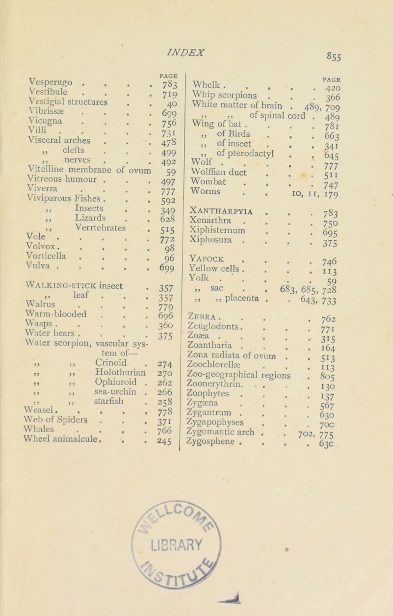 Vesperugo . . Vestibule Vestigial structures Yibrissae Vicugna Villi . Visceral arches ,, clefts ,, nerves Vitelline membrane of Vitreous humour . Viverra Viviparous Fishes . ,, Insects ,, Lizards ,, Verrtebrates Vole Volvox. Vorticella Vulva . ovum Walking-stick insect ,, leaf Walrus Warm-blooded Wasps . , # Water bears . Water scorpion, vascular sys tern of— 99 9 9 Crinoid 99 9 9 Holothurian 99 9 9 Ophiuroid 9 9 9 9 sea-urchin 9 9 9 9 starfish Weasel. • • Web of Spiders * , Whales • • Wheel animalcule. PAGE 783 719 40 699 756 731 478 499 492 59 497 777 592 349 628 515 772 98 96 699 357 357 779 696 360 375 274 270 262 266 258 778 37i 766 245 Whelk Whip scorpions White matter of brain . 489, > > > > of spinal cord . Wing of bat . of Birds of insect ,, of pterodactyl Wolf . Wolffian duct Wombat Worms . . IO, n, 99 ) 9 PAGE 420 366 709 489 781 663 34i 645 777 5ii 747 179 Xantharpyia Xenarthra Xiphisternum Xiphosura . Yapock Yellow cells . Yolk . ‘ . 9 y SclC « ,, ,, placenta • 783 • 750 . 695 • 375 . 746 . . 113 • • 59 6835 685, 728 • 643, 733 Zebra . Zeuglodonts. Zoasa .... Zoantharia . Zona radiata of ovum . Zoochlorelke Zoo-geographical regions Zoonerythrin. . . Zoophytes Zygaena Zygantrum . Zygapophyses Zygomantic arch . Zygosphene . . 762 . 771 •• 315 . 164 • 513 • 113 . 805 . 130 • 137 • 567 . 630 . 70c 702, 775 • 63c