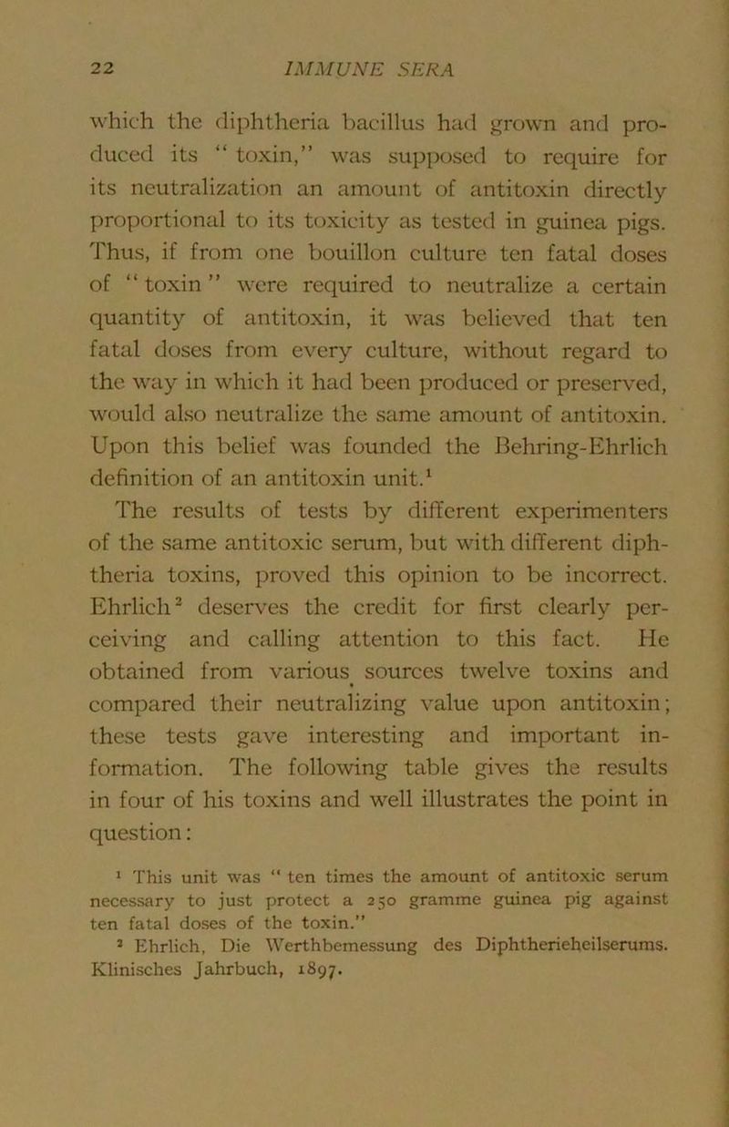 which the diphtheria l)acillus had grown and pro- duced its “ toxin,” was supposed to require for its neutralization an amount of antitoxin directly proportional to its toxicity as tested in guinea pigs. Thus, if from one bouillon culture ten fatal doses of “toxin” were required to neutralize a certain quantity of antitoxin, it was believed that ten fatal doses from every culture, without regard to the wtiy in which it had been produced or preserved, would also neutralize the same amount of antitoxin. Upon this belief was founded the Behring-Ehrlich definition of an antitoxin unit.* The results of tests by different experimenters of the same antitoxic serum, but with different diph- theria toxins, proved this opinion to be incorrect. Ehrlich^ deserves the credit for first clearly per- ceiving and calling attention to this fact. Pie obtained from various sources twelve toxins and compared their neutralizing value upon antitoxin; these tests gave interesting and important in- formation. The following table gives the results in four of his toxins and well illustrates the point in question: ‘ This unit was “ ten times the amount of antitoxic serum necessary to just protect a 250 gramme guinea pig against ten fatal doses of the toxin.” * Ehrlich, Die Werthbemessung des Diphtherieheilserums. Klinisches Jahrbuch, 1897.