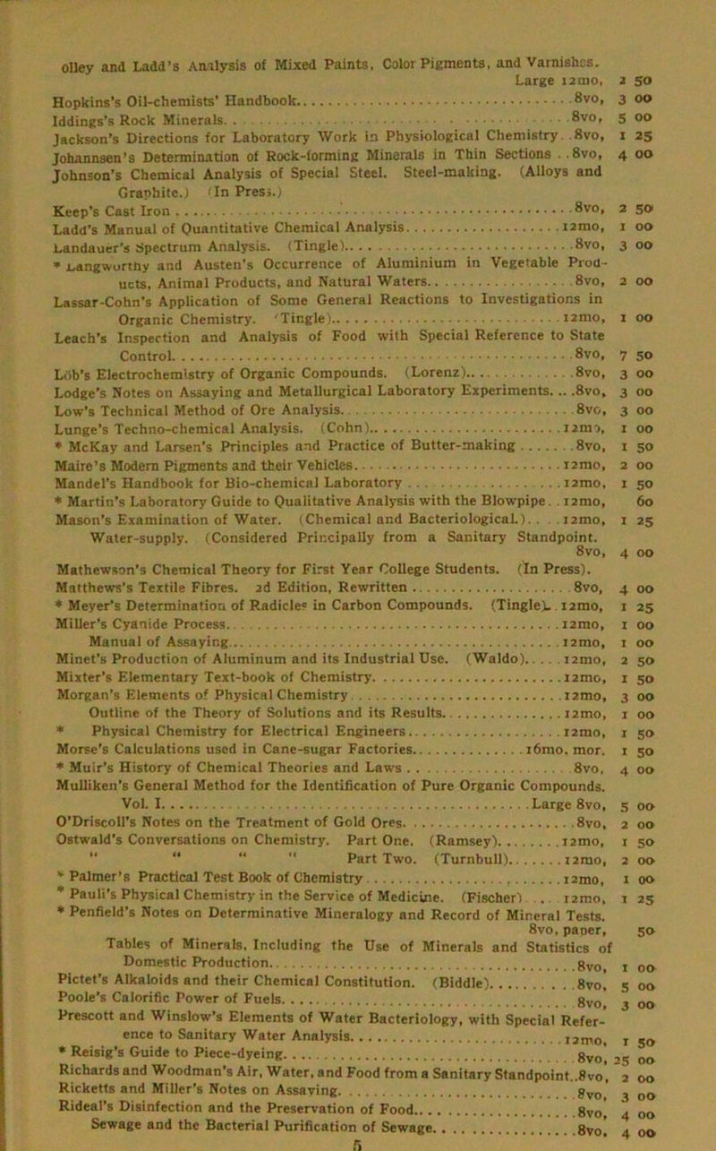 oUey and Ladd’s Anilysis of Mixed Paints, Color Pigments, and Varnishes. Large lamo, Hopkins’s Oil-chemists’ Handbook 8vo, Iddings’s Rock Minerals 8vo, Jackson’s Directions for Laboratory Work in Physiological Chemistry. ,8vo, Johannsen’s Determination of Rock-forming Minerals in Thin Sections . .8vo, Johnson’s Chemical Analysis of Special Steel. Steel-making. (Alloys and Graphite.) <In Press.) Keep’s Cast Iron 8vo, Ladd’s Manual of Quantitative Chemical Analysis ramo, Landauer's Spectrum Analysis. (Tingle) 8vo, * i^angwortny and Austen’s Occurrence of Aluminium in Vegetable Prod- ucts, Animal Products, and Natural Waters 8vo, Lassar-Cohn’s Application of Some General Reactions to Investigations in Organic Chemistry. 'Tingle) lamo, Leach’s Inspection and Analysis of Food with Special Reference to State Control 8vo, Ldb’s Electrochemistry of Organic Compounds. (Lorenz) 8vo, Lodge’s Notes on Assaying and Metallurgical Laboratory Experiments 8vo, Low’s Technical Method of Ore Analysis 8vo, Lunge’s Techno-chemical Analysis. (Cohn) 12m), * McKay and Larsen’s Principles and Practice of Butter-making 8vo, Maire’s Modem Pigments and their Vehicles izmo, Mandel's Handbook for Bio-chemical Laboratory izmo, Martin’s Laboratory Guide to Qualitative Analysis with the Blowpipe. . izmo, Mason’s Examination of Water. (Chemical and BacteriologicaL). . izmo, Water-supply. (Considered Principally from a Sanitary Standpoint. 8vo, Mathewson’s Chemical Theory for First Year College Students. (In Press). Matthews’s Textile Fibres, zd Edition, Rewritten 8vo, Meyer’s Determination of Radicle? in Carbon Compounds. (Tingle).. izmo, Miller’s Cyanide Process izmo. Manual of Assaying izmo, Minet’s Production of Aluminum and its Industrial Use. (Waldo) izmo, Mixter’s Elementary Text-book of Chemistry izmo, Morgan’s Elements of Physical Chemistry izmo, Outline of the Theory of Solutions and its Results izmo, ’• Physical Chemistry for Electrical Engineers izmo, Morse’s Calculations used in Cane-sugar Factories i6mo. mor. * Muir’s History of Chemical Theories and Laws 8vo, Mulliken’s General Method for the Identification of Pure Organic Compounds. Vol. I Large 8vo, O’Driscoll’s Notes on the Treatment of Gold Ores 8vo, Ostwald’s Conversations on Chemistry. Part One. (Ramsey) izmo, “ “ “ Part Two. (Turnbull) izmo. Palmer’s Practical Test Book of Chemistry izmo, Pauli’s Physical Chemistry in the Service of Medicine. (Fischer) izmo, * Penfield’s Notes on Determinative Mineralogy and Record of Mineral Tests. 8vo, paoer. Tables of Minerals, Including the Use of Minerals and Statistics of Domestic Production j Pictet’s Alkaloids and their Chemical Constitution. (Biddle) 8vo, 5 Poole’s Calorific Power of Fuels gvo^ ^ Prescott and Winslow’s Elements of Water Bacteriology, with Special Refer- ence to Sanitary Water Analysis izmo, i * Reisig’s Guide to Piece-dyeing gyp^ ,g Richards and Woodman’s Air, Water, and Food from a Sanitary Standpoint..8vo, a Ricketts and Miller’s Notes on Assaying .8vo,' 3 Rideal’s Disinfection and the Preservation of Food gyo^ ^ Sewage and the Bacterial Purification of Sewage 8vo. 4 n 50 00 00 35 00 SO 00 00 50 00 00 00 00 SO 00 SO 60 1 25 4 00 00 25 00 00 50 SO 00 00 SO SO 00 oo 00 50 00 00 2S SO 00 00 00 50 00 00 00 00