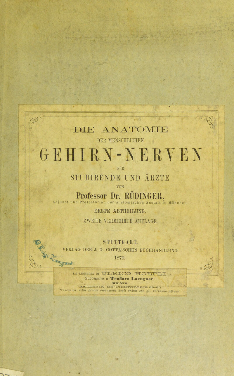 I DIE ANATOMIE BEll MENSCHLICHEN GEHIRN-NEKVEN FÜR STUDIEENDE UND ÄEZTE VON Professor Dr. RÜDINGER, Adjunct und Prosector an der anatomischen Anstalt in Miinohen. ERSTE ABTHEILUNG. ZWEITE VERMEHRTE AUFLAGE. STUTTGART. VERLAG DER J. G. COTTA’SCHEN BUCHHANDLUNG. ’L 1870. r LA MüRERIA DI TJXj'KIGO HIOEJIPXjI : ‘ . Successore a Tcodoro I^aciig'iicr | * nui.axo .0-A.IL.X-EIRXA 33B~a£%ISTÖFOHIS se-eo ^ -■ S’incnrica tirUa pvonia cftccuzwnc de^U ordinx ehe gfi x>crraxix\o \alJid(H\ 4 ‘.P