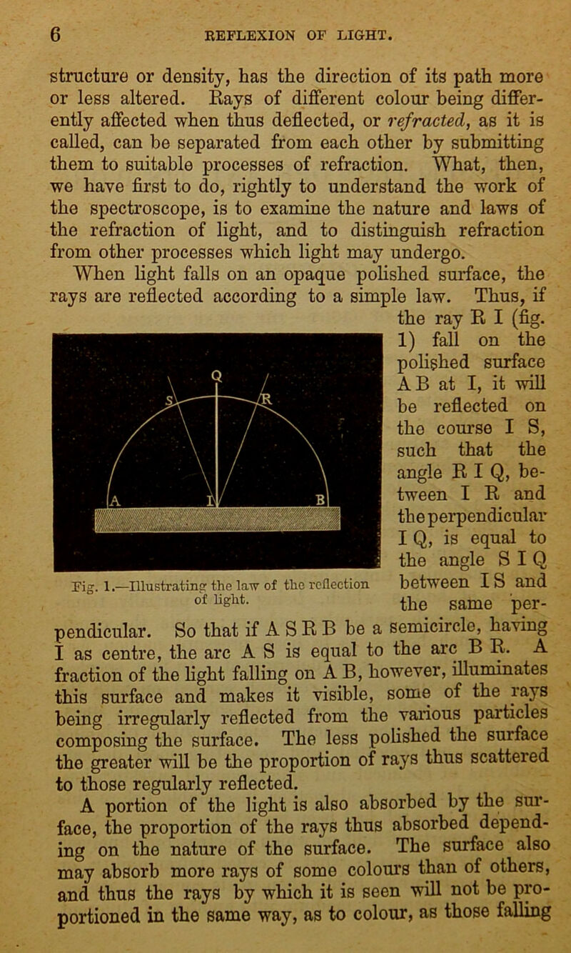 structure or density, has the direction of its path more or less altered. Rays of different colour being differ- ently affected when thus deflected, or refracted, as it is called, can be separated from each other by submitting them to suitable processes of refraction. What, then, we have first to do, rightly to understand the work of the spectroscope, is to examine the nature and laws of the refraction of light, and to distinguish refraction from other processes which light may undergo. When light falls on an opaque polished surface, the rays are reflected according to a simple law. Thus, if the ray R I (fig. 1) fall on the polished surface AB at I, it will be reflected on the course I S, such that the angle R I Q, be- tween I R and the perpendicular I Q, is equal to the angle S I Q between IS and the same per- pendicular. So that if A S R B be a semicircle, having I as centre, the arc A S is equal to the arc B R. A fraction of the light falling on A B, however, illuminates this surface and makes it visible, some of the rays being irregularly reflected from the various particles composing the surface. The less polished the surface the greater will be the proportion of rays thus scattered to those regularly reflected. A portion of the light is also absorbed by the sur- face, the proportion of the rays thus absorbed depend- ing on the nature of the surface. The surface also may absorb more rays of some colours than of others, and thus the rays by which it is seen will not be pro- portioned in the same way, as to colour, as those falling Fig. 1.—Illustrating the law of the reflection of light.