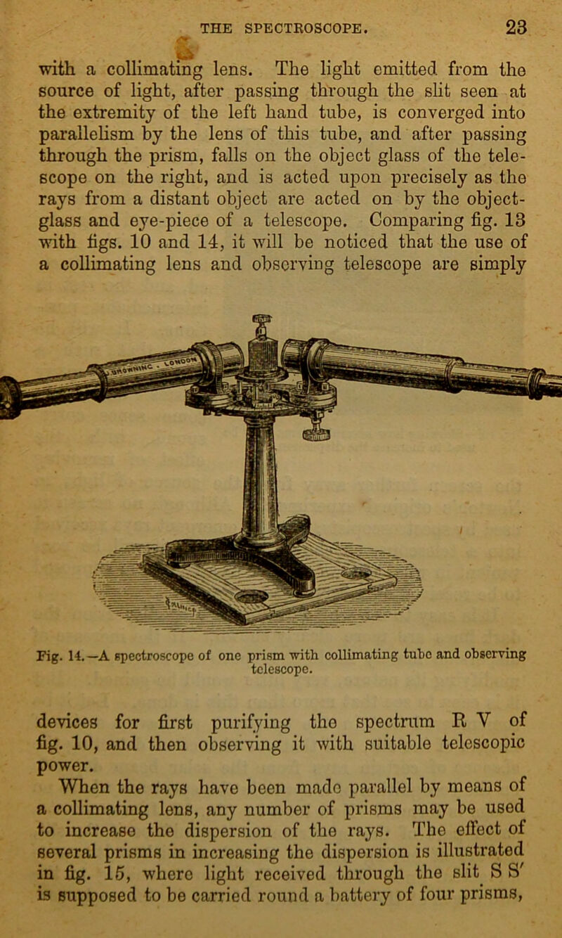 with a collimating lens. The light emitted from the source of light, after passing through the slit seen at the extremity of the left hand tube, is converged into parallelism by the lens of this tube, and after passing through the prism, falls on the object glass of the tele- scope on the right, and is acted upon precisely as the rays from a distant object are acted on by the object- glass and eye-piece of a telescope. Comparing fig. 13 with figs. 10 and 14, it will be noticed that the use of a collimating lens and observing telescope are simply Fig. 14. —A spectroscope of one prism with collimating tube and observing telescope. devices for first purifying tho spectrum EV of fig. 10, and then observing it with suitable telescopic power. When the rays have been made parallel by means of a collimating lens, any number of prisms may be used to increase the dispersion of the rays. The effect of several prisms in increasing the dispersion is illustrated in fig. 15, where light received through the slit S S' is supposed to be carried round a battery of four prisms,