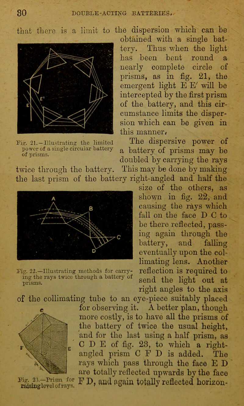 that there is a limit to the dispersion which can be obtained with a single bat- tery. Thus when the light has been bent round a nearly complete circle of prisms, as in fig. 21, the emergent light E E' wall be intercepted by the first prism of the battery, and this cir- cumstance limits the disper- sion which can be given in this manner. Pig;. 21. —Illustrating the limited The dispersive power of power of a single eireular battery a battery of prisms may be doubled by carrying the rays twice through the battery. This may be done by making the last prism of the battery right-angled and half the size of the others, as shown in fig. 22, and causing the rays which fall on the face D C to be there reflected, pass- ing again through the battery, and falling eventually upon the col- limating lens. Another reflection is required to send the light out at right angles to the axis of the collimating tube to an eye-piece suitably placed for observing it. A better plan, though more costly, is to have all the prisms of the battery of twice the usual height, and for the last using a half prism, as C D E of fig. 23, to which a right- angled prism C F D is added. The rays which pass through the face E D are totally reflected upwards by the face ^rSshigl^iofrays! F and again totally reflected horizou- Eig. 22.—Illustrating methods for carry- ing the rays twice through a battery of prisms.