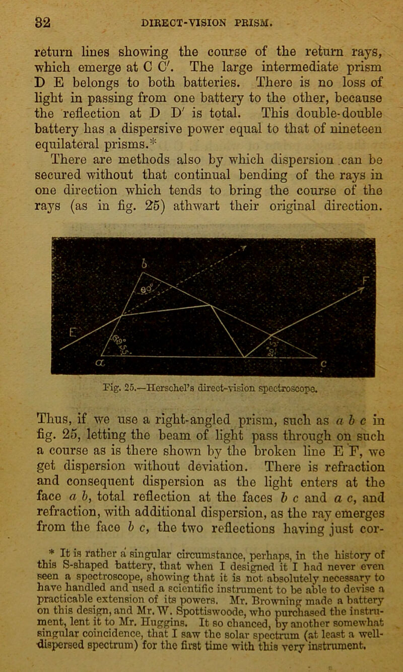 return lines showing the course of the return rays, which emerge at C C'. The large intermediate prism D E belongs to both batteries. There is no loss of light in passing from one battery to the other, because the reflection at D D' is total. This double-double battery has a dispersive power equal to that of nineteen equilateral prisms.* There are methods also by which dispersion can be secured without that continual bending of the rays in one direction which tends to bring the course of the rays (as in fig. 25) athwart their original direction. Fig. 25.—Herschel’s direct-vision spectroscope. Thus, if we use a right-angled prism, such as a b c in fig. 25, letting the beam of light pass through on such a course as is there shown by the broken line E F, we get dispersion without deviation. There is refraction and consequent dispersion as the light enters at the face a b, total reflection at the faces b c and a c, and refraction, with additional dispersion, as the ray emerges from the face b c, the two reflections having just cor- * It is rather a singular circumstance, perhaps, in the history of this S-shaped battery, that when I designed it I had never even seen a spectroscope, showing that it is not absolutely necessary to have handled and used a scientific instrument to be able to devise a practicable.extension of its powers. Mr. Browning made a battery on this design, and Mr. W. Spottiswoode, who purchased the instru- ment, lent it to Mr. Huggins. It so chanced, by another somewhat singular coincidence, that I saw the solar spectrum (at least a well- dispersed spectrum) for the first time with this very instrument.