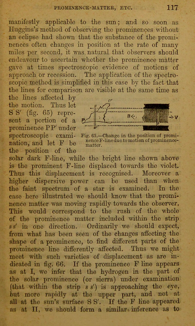 manifestly applicable to the sun; and so soon as Huggins’s method of observing the prominences without an eclipse had shown that the substance of the promi- nences often changes in position at the rate of many miles per second, it was natural that observers should endeavour to ascertain whether the prominence matter gave at times spectroscopic evidence of motions of approach or recession. The application of the spectro- scopic method is simplified in this case by the fact that the lines for comparison are visible at the same time as the lines affected by the motion. Thus let S S' (fig. 65) repre- j u sent a portion of a VjZ— - prominence PP' under *' spectroscopic exami- Fig. 65.—Change in the position of promi- nation, and let F be ^nceF-line due to motion of pronnnence- the position of the solar dark F-line, while the bright line shown above is the prominent F-line displaced towards the violet. Thus this displacement is recognised. Moreover a higher dispersive power can be used than when the faint spectrum of a star is examined. In the case here illustrated we should know that the promi- nence matter was moving rapidly towards the observer. This would correspond to the rush of the whole of the prominence matter included within the strip ss' in one direction. Ordinarily we should expect, from what has been seen of the changes affecting the shape of a prominence, to find different parts of the prominence line differently affected. Thus we might meet with such varieties of displacement as are in- dicated in fig. 06. If the prominence F line appears as at I, we infer that the hydrogen in the part of the solar prominence (or sierra) under examination (that within the strip s s') is approaching the eye, but moro rapidly at the upper part, and not at all at the sun’s surface S S'. If the F line appeared as at II, we should form a similar - inference as to