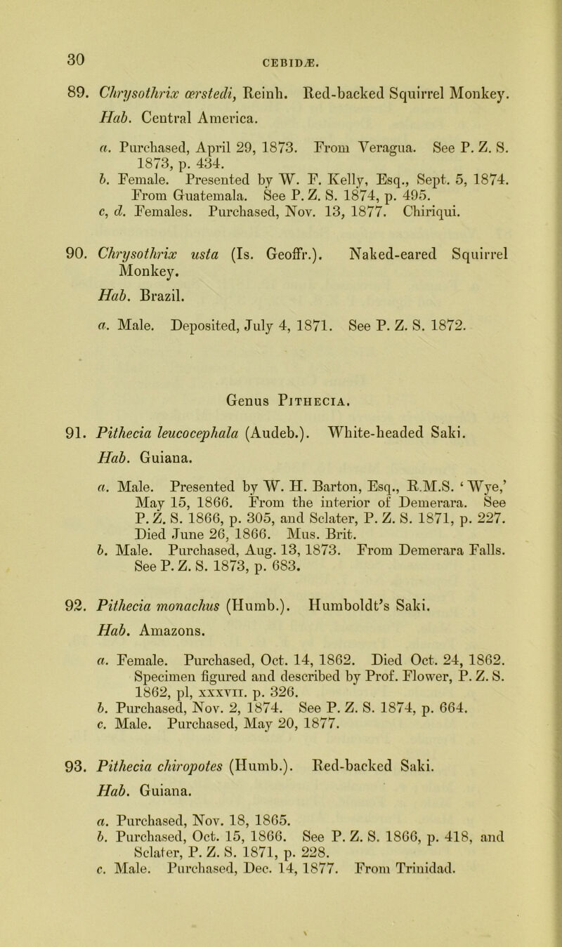 89. Chrysothrioc cerstecli, Reinh. Red-backed Squirrel Monkey. Hab. Central America. a. Purchased, April 29, 1873. From Veragua. See P. Z. S. 1873, p. 434. b. Female. Presented by W. F. Kelly, Esq., Sept. 5, 1874. From Guatemala. See P. Z. S. 1874, p. 495. c. d. Females. Purchased, Nov. 13, 1877. Chiriqui. 90. Clirysotlirix usta (Is. Geofir.). Naked-eared Squirrel Monkey. Hab. Brazil. a. Male. Deposited, July 4, 1871. See P. Z. S. 1872. Genus Pjthecia. 91. Pithecia leucocephala (Audeb.). White-headed Saki. Hab. Guiana. a. Male. Presented by W. H. Barton, Esq., R„M.S. ‘ Wye,’ May 15, 1866. From the interior of Demerara. See P. Z. S. 1866, p. 305, and Sclater, P. Z. S. 1871, p. 227. Died June 26, 1866. Mus. Brit. b. Male. Purchased, Aug. 13, 1873. From Demerara Falls. See P. Z. S. 1873, p. 683. 92. Pithecia monachus (Humb.). Humboldt's Saki. Hab. Amazons. a. Female. Purchased, Oct. 14, 1862. Died Oct. 24, 1862. Specimen figured and described by Prof. Flower, P. Z. S. 1862, pi, xxxvn. p. 326. b. Purchased, Nov. 2, 1874. See P. Z. S. 1874, p. 664. c. Male. Purchased, May 20, 1877. 93. Pithecia chiropotes (Ilumb.). Red-backed Saki. Hab. Guiana. a. Purchased, Nov. 18, 1865. b. Purchased, Oct. 15, 1866. See P. Z. S. 1866, p. 418, and Sclater, P. Z. S. 1871, p. 228. c. Male. Purchased, Dec. 14, 1877. From Trinidad.