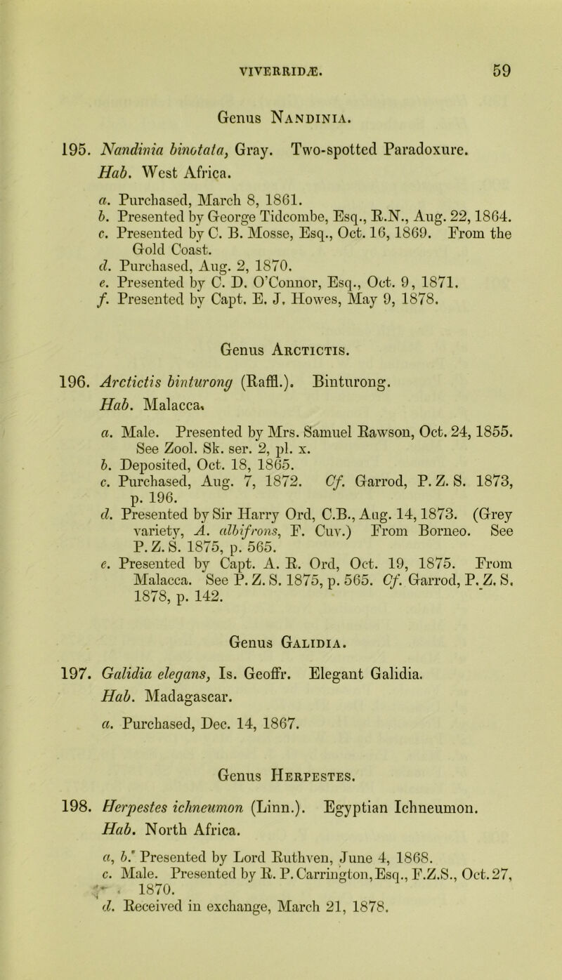 Genus Nandinia. 195. Nandinia binotata, Gray. Two-spotted Paradoxure. Hab. West Africa. a. Purchased, March 8, 1861. b. Presented by George Tidcombe, Esq., R.N., Aug. 22,1864. c. Presented by C. B. Mosse, Esq., Oct. 16, 1869. Erom the Gold Coast. d. Purchased, Aug. 2, 1870. e. Presented by C. D. O’Connor, Esq., Oct. 9, 1871. /. Presented by Capt. E. J, Howes, May 9, 1878. Genus Arctictis. 196. Arctictis binturong (Raffl.). Binturong. Hab. Malacca* a. Male. Presented by Mrs. Samuel Rawson, Oct. 24,1855. See Zool. Sk. ser. 2, pi. x. b. Deposited, Oct. 18, 1865. c. Purchased, Aug. 7, 1872. Cf. Garrod, P. Z. S. 1873, p. 196. cl. Presented by Sir Harry Ord, C.B., Aug. 14,1873. (Grey variety, A. albifrons, E. Cnv.) Erom Borneo. See P.Z.S. 1875, p. 565. e. Presented by Capt. A. R. Ord, Oct. 19, 1875. Erom Malacca. See P. Z. S. 1875, p. 565. Cf. Garrod, P, Z, S, 1878, p. 142. Genus Galidia. 197. Galidia elegans, Is. Geoffr. Elegant Galidia. Hab. Madagascar. a. Purchased, Dec. 14, 1867. Genus Herpestes. 198. Herpestes ichneumon (Linn.). Egyptian Ichneumon. Hab. North Africa. «, b.r Presented by Lord Ruthven, June 4, 1868. c. Male. Presented by R. P. Carrington,Esq., E.Z.S., Oct.27, • 1870. I d. Received in exchange, March 21, 1878.