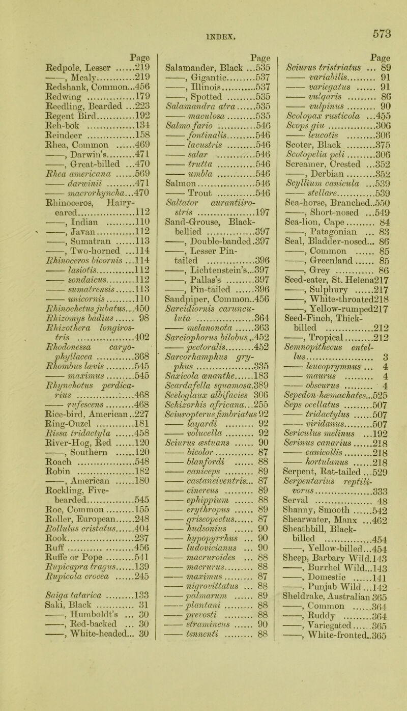 Pago Redpole, Lesser 219 , Mealy 219 Redshank, Common...456 Redwing 179 Reedling, Bearded ...223 Regent Bird 192 Reh-bok 134 Reindeer 158 Rhea, Common 469 , Darwin’s 471 , Great-billed ...470 Bhea americana 569 darwinii 471 macrorhyncha..A10 Rhinoceros, Hairy- eared 112 , Indian 110 , Javan 112 , Sumatran 113 , Two-horned ...114 Bhinoccros bicornis ...114 ■ lasiotis 112 sondaicus 112 sumatrensis 113 unicornis ... 110 Bhinochetusjubatus.. .450 Bhizomys badius 98 Bhizothcra longiros- tris 402 Bkodoncssa caryo- phyllacea 368 Bhombus Icevis 545 maximus 545 Bhynchotus perdica- rius ; 468 rufescens 468 Rice-bird, American. .227 Ring-Ouzel 181 Bissa tridactyla 458 River-Hog, Red 120 , Southern 120 Roach 548 Robin 182 , American 180 Rockling, Five- bearded 545 Roe, Common 155 R<)ller, European 248 Bollulus cristatus 404 Rook 237 Ruff 456 Ruffe or Pope 541 Bupicapra tragus 139 Bupicola crocea 245 Saiga fatarica 133 Saki, Black 31 , Humboldt’s ... 30 , Red-backed ... 30 , White-headed... 30 Page Salamander, Black ...535 , Gigantic 537 , Illinois 537 , Spotted 535 Salamandra atra 535 maculosa 535 Sal mo fario 546 fontinalis 546 lacustris 546 scdar ... 546 trutta 546 umbla 546 Salmon 546 Trout 546 Saltator aurantiiro- stris 197 Sand-Grouse, Black- bellied 397 , Double-banded.397 , Lesser Pin- tailed 396 , Lichtenstein’s...397 , Pallas’s 397 , Pin-tailed 396 Sandpiper, Common..456 Sarcidiornis cciruncu- luta 364 melanonota 363 Sarciophorus bilobus .,452 pectoralis 452 Sarcorhamphus gry- phus 335 Saxicola cenanthe 183 Scardafclla squamosa. 389 Sceloglaux albifacies 306 Schizorhis africana.. .255 Sciuropterus fmbriatus 92 layardi 92 volucclla 92 Sciurus cestuans 90 bicolor 87 blanfordi 88 caniceps 89 ccistaneiventris... 87 cinereus 89 ephippium 88 erytliropus 89 griscopectus 87 hudsonius 90 hypopyrrlms ... 90 ludovicianus ... 90 macruroides ... 88 macrurus 88 maximus 87 nigrovittatus ... 88 palmarum 89 plantani 88 prevosti 88 stramineus 90 tennenti 88 Page Sciurus trisfriatus ... 89 varied) ilis 91 variegatus 91 vulqciris 86 vulpinus 90 Scolopax rusticola ...455 Scops giu 306 leucotis 306 Scoter, Black 375 Scotopclia peli 306 Screamer, Crested ...352 , Derbian 352 ScyIlium canicula ...539 stellar e 539 Sea-horse, Branched..550 , Short-nosed ...549 Sea-lion, Cape 84 , Patagonian ... 83 Seal, Bladder-nosed... 86 , Common 85 —-—, Greenland 85 , Grey 86 Seed-eater, St. IIelena217 , Sulphury 217 , WhiteAhroated218 ■ , Yellow-rumped217 Seed-Finch, Thick- billed 212 , Tropical 212 Semnopitkecus entel- lus 3 leucoprymnus ... 4 maurus 4 obscurus 4 Scpedon hcemachatcs.. .525 Seps ocellatus 507 tridactylus 507 viridanus 507 Serializes melinus ... 192 Serinus canarius 218 canicollis 218 hortiilanus 218 Serpent, Rat-tailed ...529 Serpentarius reptili- voras 333 Serval 48 Slianny, Smooth 542 Shearwater, Manx ...462 Sheathbill, Black- billed 454 , Yellow-billed...454 Sheep, Barbary Wild.143 , Burrhel Wild...143 , Domestic 141 . Punjab Wild...142 Sheldrake, Australian 365 , Common 364 , Ruddy 364 , Variegated 365 , Wkite-fronted.,305