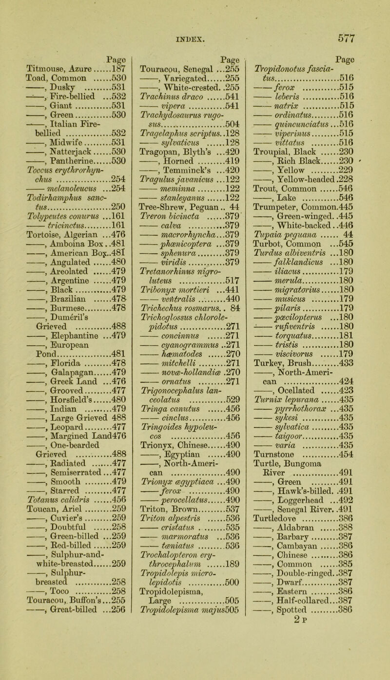 Pago Titmouse, Azure 187 Toad, Common 530 , Dusky 531 —1—, Fire-bellied .. .532 , Giant 531 , Green 530 — , Italian Fire- bellied 532 , Midwife 531 , Natterjack 530 , Pantherine 530 Toccus erythrorhyn- ckus 254 melanoleucus ... 254 Todirhamphus sanc- tus 250 Tolypeutes conurus ...161 tricinctus 161 Tortoise, Algerian ...476 • , Amboina Box. .481 , American Boj:..48l , Angulated 480 , Areolated 479 , Argentine 479 , Black 479 , Brazilian 478 , Burmese 478 , Dumeril’s Grieved 488 , Elephantine ...479 , European Pond 481 , Florida 478 , Galapagan 479 , Greek Land ...476 , Grooved 477 , Horsfield’s 480 , Indian 479 , Large Grieved 488 , Leopard 477 , Margined Land476 , One-bearded Grieved 488 , Radiated 477 , Semiserrated ...477 , Smooth 479 , Starred 477 Totcmus calidris 456 Toucan, Ariel 259 , Cuvier’s 259 , Doubtful 258 , Green-billed ...259 , Red-billed 259 , Sulphur-and- white-breasted 259 , Sulphur- breasted 258 , Toco 258 Touracou, Buffon’s...255 , Great-billed ...256 Page Touracou, Senegal ...255 , Variegated 255 , White-crested. .255 Trachinus draco 541 viper a 541 Trachydosaurus rugo- sus 504 Tragelaphus scriptus. .128 sylvaticus 128 Tragopan, Blyth’s ...420 , Horned 419 , Temminck’s ...420 Tragulus ja vanicus ... 122 meminna 122 Stanley anus 122 Tree-Shrew, Peguan.. 44 Treron bicincta 379 calva 379 macrorhyncka.. .379 phcenicoptera ...379 spkcnura 379 viridis 379 Tretanorhinus nigro- luteus 517 Tribonyx mortieri .. .441 veMralis 440 Trichechus rosmarus.. 84 Trichoglossus chlorole- pidotus 271 concinnus . 271 cyanogrammus ..271 hcematodes 270 mitchelli 271 novce-hollandice .270 omatus 271 Trigonocephalies lan- ceolatus 529 Tringa canutus 456 cinclus 456 Tringoides hypoleu- cos 456 Trionyx, Chinese 490 , Egyptian 490 , North-Ameri- can 490 Trionyx ceqyptiaca ...490 ferox 490 perocellatus 490 Triton, Brown 537 Triton alpestris 536 cristatus . 535 marmoratus ...536 tceniatus 536 Trochalopteron ery- throcephalvm 189 Tropidolcpis micro- lepidotis 500 Tropidolepisma, Large 505 Tropidolepisma majus505 Pago Tropidonotus fascia- tus 516 ferox 515 leberis 516 natrix 515 ordinatus 516 quincunciatus ...516 —— viperinus 515 vittalus 516 Troupial, Black 230 , Rich Black 230 ' , Yellow 229 , Yellow-headed .228 Trout, Common 546 , Lake 546 Trumpeter, Common.445 , Green-winged. .445 , White-backed. .446 Tupaia peg aana 44 Turbot, Common ...545 Turdus albiventris ... 180 falJclandicus ...180 iliacus 179 merula 180 migratorius 180 musicus .. .......179 pilaris 179 pcecilopterus ... 180 rufiventris 180 torquatus 181 tristis 180 viscivorus . 179 Turkey, Brush 433 , North-Ameri- can 424 , Ocellated 423 Turnix lepurana 435 pyrrhotliorax ...435 sykesi 435 sylvatica 435 taigoor 435 varia 435 Turnstone 454 Turtle, Bungoma River 491 , Green 491 , Hawk’s-billed. .491 , Loggerhead ...492 , Senegal River. .491 Turtledove 386 , Aldabran 388 , Barbary 387 , Cambayan 386 , Chinese 386 , Common 385 , Double-ringed. .387 , Dwarf 387 , Eastern 386 , Half-collared...387 , Spotted 386 2 P