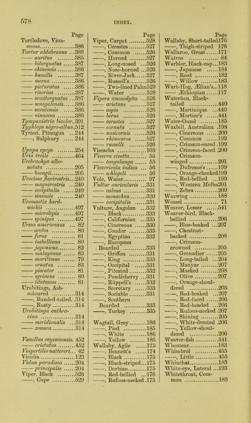 Page Turtledove, Vina- ceous 386 Turtur aldabranus ...388 auriius 385 bitorquatus 387 chinensis 386 humilis 387 meena 386 picturatus 386 risorius 387 semitorquatus .. .387 senegalcnsis 386 suratensis 386 vinaceus 386 Tympanistria bicolor..391 Typhlops nigro-albus .512 Tyrant, Pitangua ...244 , Sulphury 244 TJpupa epops 254 Uria troile 464 Urobrachya albo- notata 205 bocagii 205 Urocissa Jlavirostris.. .240 magnirostris ... 240 occipitalis 240 sinensis .. 240 Uromastix hccrd- ivicJcii 497 microlepis 497 spinipes 497 JJrsus americanus ... 82 arctos 80 ferox 81 isabellinus 80 japonicus 82 malayan/us 83 maritimus 79 ornatus 83 piscator 81 syriacus 80 tibetanus 81 Urubitinga, Ash- coloured 314 , Banded-tailed. .314 , Rusty 314 Urubitinga anthra- cina 314 mcridionalis ...314 zonura 314 Vanellus cayennensis. 452 cristatios 452 Vesper tilio natter eri... 42 Vicuna 123 Vidua paradisea 204 principalis 204 Viper, Black 526 , Oape 529 Page Viper, Carpet 528 , Cerastes 527 , Common 526 , Horned 527 , Long-nosed ...526 , Nose-horned ...526 , River-Jack 527 , Russell’s 526 , Two-lined Palm529 , Water 528 Viper a ammodytes ...526 arietans 527 aspis 526 berus 526 cerastes 527 cornuta .. 527 — nasicornis 526 rhinoceros 527 russelli 526 Viscacha 103 Viverra civetta . 55 tangalunga 55 Viverricula indica ... 56 schlegeli 56 Vole, Water 97 Vultur auricularis ...331 calvns 331 monachus 330 occipitalis 331 Vulture, Angolan ...332 , Black 333 -, Californian ...335 , Cinereous 330 , Condor 335 , Egyptian 332 -, European Bearded 333 , Griffon 331 , King 335 , Occipital 331 , Pileated 332 , Pondicherry ...331 , RiippelTs 332 , Secretary 333 , Sociable 331 , Southern Bearded 333 —, Turkey 335 Wagtail, Grey 186 -, Pied 185 , White 186 , Yellow 186 Wallaby, Agile 175 , Bennett’s 174 , Black 175 , Black-striped...175 , Derbian 175 , Red-bellied ...176 , Rufous-necked .175 Page Wallaby, Short-tailed 176 , Thigh-striped 176 Wallaroo, Great 171 Walrus 84 Warbler, Black-cap... 183 , Japanese 184 , Reed 182 , Willow 183 Wart-Hog, iElian’s...ll8 ^Ethiopian 117 Waterhen, Black- tailed 440 , Martinique ...440 , Mortier’s 441 Water-Ouzel 185 Waxbill, Australian. .198 ■ , Cinereous 200 , Common 199 , Crimson-eared .199 , Crimson-faced .200 , Crimson- winged 201 , Dufresne’s 199 , Orange-cheeked 199 , Red-bellied ...199 , Western Melba201 , Zebra 200 Waxwing ..188 Weasel 71 Weaver, Lesser 541 Weaver-bird, Black- bellied 206 , Blue-beaked ...207 , Chestnut - backed 208 , Crimson- crowned 205 , Grenadier 205 , Long-tailed ...204 , Manyar 207 , Masked 208 , Olive 207 , Orange-shoul- dered 205 , Red-beaked ...207 , Red-faced 206 , Red-headed ...206 , Rufous-necked .207 , Shining 205 , White-fronted .206 , Yellow-shoul- dered 206 Weaver-fish 541 Wheatear 183 Whimbrel 455 , Little 455 Whinchat 183 White-eye, Lateral ...193 Whitethroat, Com- mon 183