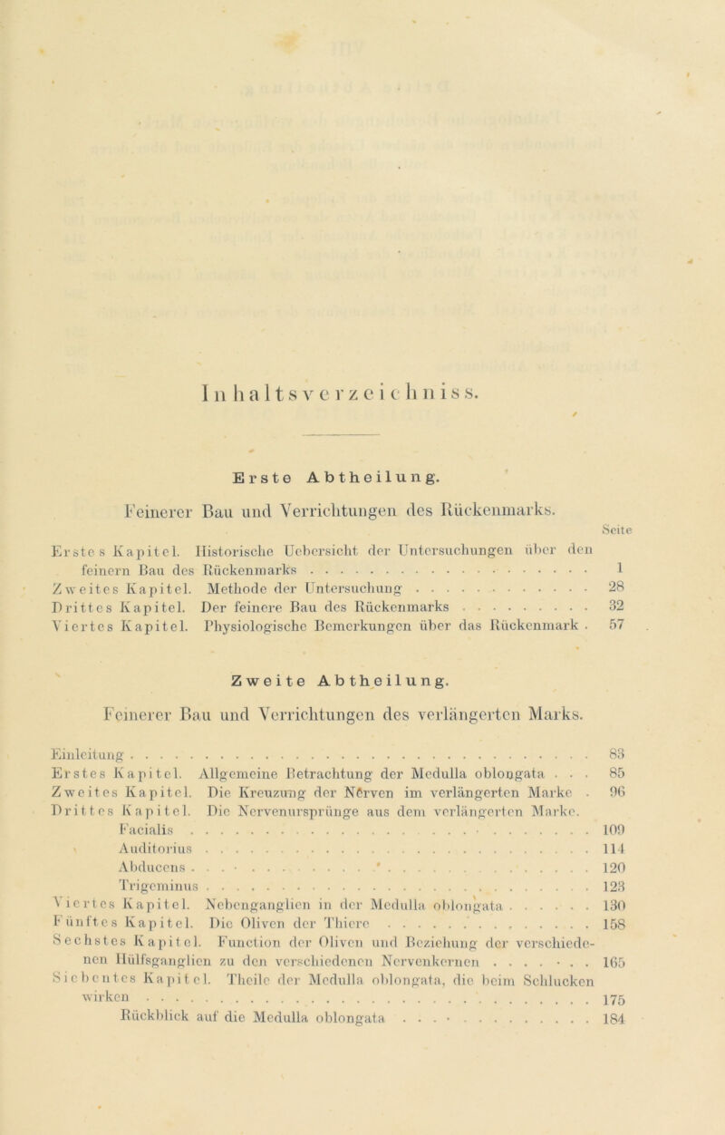 ✓ Erste Abtheilung. Feinerer Bau und Verrichtungen des Rückenmarks. Seite Erste s Kapitel, llistorisclio ücbcrsicht der Untersuchungen über den feinem Bau des Rückenmarks 1 Zweites Kapitel. Methode der Untersuchung 28 Drittes Kapitel. Der feinere Bau des Rückenmarks 32 Viertes Kapitel. Physiologische Bemerkungen über das Rückenmark . 57 Zweite Abt h^e i 1 u n g. Feinerer Bau und Verriclitungen des verlängerten Marks. Einleitung 83 Erstes Kapitel. Allgemeine Betrachtung der Medulla oblongata ... 85 Zweites Kapitel. Die Kreuzimg der Nerven im verlängerten Marke . 06 Drittes Kapitel. Die Nervenursprünge aus dem verlängerten Marko. f’acialis • 100 Auditorius 114 Abduccns . . . • * 120 Trigeminus 123 Viertes Kapitel. Ncbenganglicn in der Medulla ol)longata 130 I'ünltcs Kapitel. Die Oliven der Thierc 158 Sechstes Kapitel. Eunction der Oliven und Beziehung der verschiede- nen llülfsganglicn zu den verschiedenen Nervenkernen .... • . . 165 Siebentes Kapitel. 'J’hcile der Medulla oblongnta, die beim Schlucken wirken Rückblick auf die Medulla oblongata . . . • 184