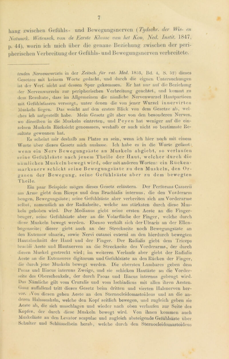 liaiig zwischen Gefühls- und Bewegungsnerven (Tt/dschr. der Wis- en Naiu'urk. Wetensch. van de iL'erste Klasse van lief Kon. Ned. Lnstit. 1847, p. 44), worin ich mich über die genaue Bezielmng zwischen der peri- pherischen Verhreitung der Gefühls- und Bewegungsnerven verbreitete. lenden JSeruemourzeln in der Zätsch, für rat. Med. 1853, Bd. 4, S. 52) dieses Gesetzes mit keinem Worte gedacht, und durch die eignen Untersuchungen ist der Vert. nicht aul dessen Spur gekommen. Er hat nur auf die Beziehung der Nervenwurzeln zur peripherischen Verbreitung geachtet, und kommt zu dem Resultate, dass im Allgemeinen die nämliche Nervenwurzel llautpartieen mit Gefülilsfasern versorgt, unter denen die von jener Wurzel innervirten Muskeln liegen. Das weicht auf den ersten Blick von dem Gesetze al), wel- ches ich aufgestellt habe. Mein Gesetz gilt aber von den besonderen Nerven, wo dieselben in die Muskeln eintretep, und Peyen hat weniger auf die ein- zelnen Muskeln Rücksicht genommen, weshalb er auch nicht so bestimmte Re- sultate gewonnen hat. Es scheint mir deshalb am Platze zu sein, wenn Ich hier noph mit einem Worte über dieses Gesetz mich auslasse. Ich habe es in die Worte gefasst: wenn ein Nerv Bewegungsäste an Muskeln abgiebt, so verlaufen seine Gefuhlsäste nach jenem Theile der Haut, welcher durch die nämlichen Muskeln bewegt wird, oder mit anderen Worten: ein Rücken- marksnerv schickt seine Bewegungsäste zu den Muskeln, den Or- ganen der Bewegung, seine Gefühlsäste aber zu dem bewegten 4'heile. Ein paar Beispiele mögen dieses Gesetz eidäutern. Der Perforans Casserii am Anno giebt dem Biceps und dem Brachialis internus, die den Vorderarm beugen, Bewegungsäste; seine Gefiihlsäste aber verbreiten sich am Voi’derarine selbst, namentlich an der Radialseite, welche am stärksten durch diese Mus- keln gehoben wird. Der Medianus giebt seine ersten Aeste an die Finger- beuger, seine Gefühlsäste aber an die Volarfläche der Finger, welche durch diese Muskeln bewegt werden. Ebenso verhält sich der ülnaris an der Ellen- bogenscite; dieser giebt auch an der Streckseite noch Bewegungsäste an den Extensor ulnaris, sowie Nervi cutanei externi an den hierdurch bewegten Ilautabschnitt der Hand und der Finger. Der Radialis giebt dem Triceps braoliii Aeste und Hautnerven an die Streckseite des Vorderarms, der durch diesen Muskel gestreckt wird; im weiteren Verlaufe aber giebt der Radialis Aeste an die Extensores digitorum und Gefühlsäste an den Rücken der Finger, die durch jene IMuskeln bewegt werden. Die obersten Lumbares geben dem Psoas und Biacus internus Zweige, und sic schicken Hautäste au die Vorder- seite des Oberschenkels, der diu'ch Psoas und Iliacus internus gebeugt wird. Das Nämliche gilt vom Cruralis und vom Ischiadicus mit allen ihren Aesten. Ganz auffallend tritt dieses Gesetz beim dritten und vierten Halsnerven her- vor. .Von diesen gehen Aeste an den Sternocleidomastoideus und an die an- deren Halsmuskeln, welche den Kopf seitlich bewegen, und zugleich geben sie Aeste ab, die sich Umschlagen und wieder nach oben verlaufen zur Seite des Kopfes, der durch diese IMuskeln bewegt wird. Von ihnen kommen auch Muskcläste au den Levator scapulae und zugleich absteigende Gelühlsäste über Schulter und Schlüsselbein herab, welche durch den Sternocleidomastoideus