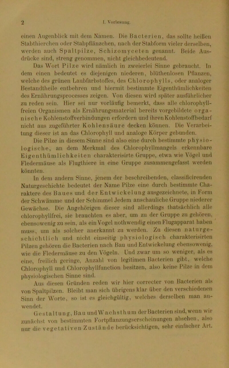einen Augenblick mit dem Namen. Die Dacterien, das sollte heißen Stabthierchen oder >Stabpflänzclien, nach der Stabform vieler derselben, werden auch Spaltpilze, Schizomyceten genannt. Beide Aus- drücke sind, streng genommen, nicht gleichbedeutend. Das Wort Pilze wird nämlich in zweierlei Sinne gebraucht, ln dem einen bedeutet es diejenigen niederen, blüthenlosen Pßanzen, welche des grünen LaubfarbstolTes, des Chlorophylls, oder analoger Bestandtheile entbehren und hiermit bestimmte Eigenthümlichkeiten des Ernährungsprocesses zeigen. Von diesen wird später ausfülirlicher zu reden sein. Hier sei nur vorläufig bemerkt, dass alle chlorophyll- freien Organismen als Ernährungsmaterial bereits vorgebildete orga- nische Kohlenstoffverbindungen erfordern und ihrenKohlenstofThedarf nicht aus zugeführter Kohlensäure decken können. Die Verarhei- tung dieser ist an das Chlorophyll und analoge Körper gebunden. Die Pilze in diesem Sinne sind also eine durch bestimmte physio- logische, an dem Merkmal des Chlorophyllmangels erkennbare Eigenthümlichkeiten charakterisirte Gruppe, etwa wie Vögel und Fledermäuse als Flugthiere in eine Gruppe zusammengefasst werden könnten. ln dem andern Sinne, jenem der beschreibenden, classificirenden Naturgeschichte bedeutet der Name Pilze eine durch bestimmte Cha- raktere des Baues und der Entwickelung ausgezeichnete, in Form der Schwämme und der Schimmel .Jedem anschauliche Gruppe niederer Gewächse. Die Angehörigen dieser sind allerdings thatsächlich alle chlorophyllfrei, sie brauchten es aber, um zu der Gruppe zu gehören, ^ ebensowenig zu sein, als ein Vogel nothwendig einen Flugapparat haben ' muss, um als solcher anerkannt zu werden. Zu diesen naturge- schichtlich und nicht einseitig physiologisch charakterisirten Pilzen gehören die Bacterien nach Bau und Entwickelung ebensowenig, wie die Fledermäuse zu den Vögeln. Und zwar um so weniger, als es eijie, freilich geringe, Anzahl von legitimen Bacterien gibt, welche Chlorophyll und Chlorophyllfunction l)esitzen, also keine Pilze in dem physiologischen Sinne sind. Aus diesen Gründen reden wir hier correcter von Bacterien als von Spaltpilzen. Bleibt man sich übrigens klar über den verschiedenen Sinn der Worte, so ist es gleichgültig, welches derselben man an- wendet. G (' s t a 11 u n g, B a u und Wachst h u m der Bacterien sind, wenn wir zunäclist von hestimmlen Fortpfianzungserscheinungen ahsehen, also mir die vegetativen Zustände berücksichtigen, sehr einfacher Art.