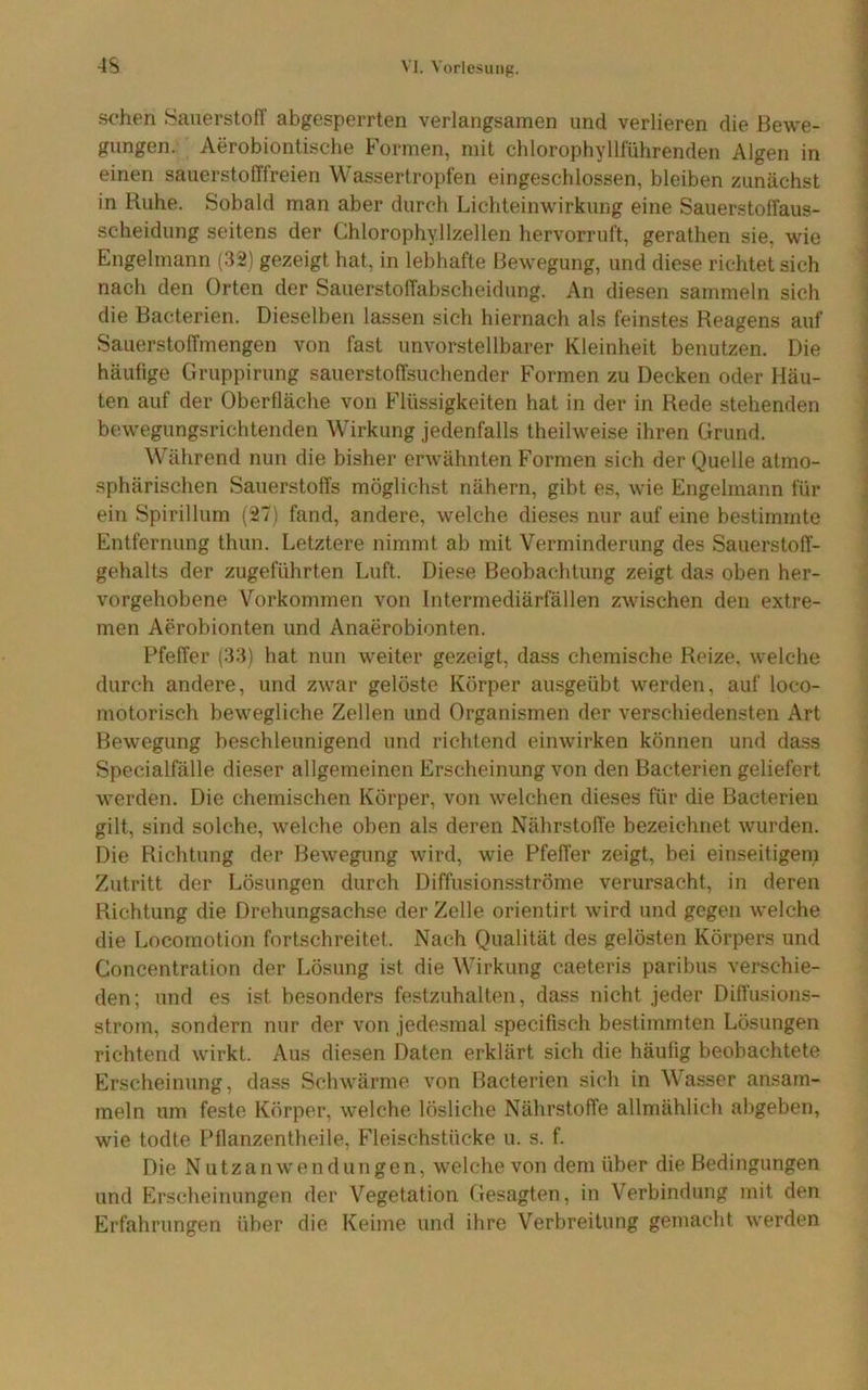 sohen SauerstofT abgesperrten verlangsamen und verlieren die Bewe- gungen. Aerobiontische Formen, mit chlorophyllluhrenden Algen in einen sauerstolTfreien Wassertropfen eingeschlossen, bleiben zunächst in Ruhe. Sobald man aber durch Lichteinwirkung eine Sauerstoffaus- scheidung seitens der Chlorophyllzellen hervorrul’t, gerathen sie, wie Engelmann (32) gezeigt hat, in lebhafte Bewegung, und diese richtet sich nach den Orten der Sauerstoffabscheidung. x\n diesen sammeln sich die Bacterien. Dieselben lassen sich hiernach als feinstes Reagens auf Sauerstoffmengen von fast unvorstellbarer Kleinheit benutzen. Die häufige Gruppirung sauerstoffsuchender Formen zu Decken oder Häu- ten auf der Oberfläche von Flüssigkeiten hat in der in Rede stehenden bewegungsrichtenden Wirkung jedenfalls theilweise ihren Grund. Während nun die bisher erwähnten Formen sich der Quelle atmo- sphärischen Sauerstoffs möglichst nähern, gibt es, wie Engelmann für ein Spirillum (27) fand, andere, welche dieses nur auf eine bestimmte Entfernung thun. Letztere nimmt ab mit Verminderung des Sauerstoff- gehalts der zugeführten Luft. Diese Beobachtung zeigt das oben her- vorgehobene Vorkommen von Intermediärfällen zwischen den extre- men Aerobionten und Anaerobionten. Pfeffer (33) hat nun weiter gezeigt, dass chemische Reize, welche durch andere, und zwar gelöste Körper ausgeübt werden, auf loco- motorisch bewegliche Zellen und Organismen der verschiedensten Art Bewegung beschleunigend und richtend einwirken können und dass Specialfälle dieser allgemeinen Erscheinung von den Bacterien geliefert werden. Die chemischen Körper, von welchen dieses für die Bacterien gilt, sind solche, welche oben als deren Nährstofl'e bezeichnet wurden. Die Richtung der Bewegung wird, wie Pfeffer zeigt, bei einseitigem Zutritt der Lösungen durch Diffusionsströme verursacht, in deren Richtung die Drehungsachse der Zelle orientirt wird und gegen welche die Locomotion fortschreitet. Nach Qualität des gelösten Körpers und Goncentration der Lösung ist die Wirkung caeteris paribus verschie- den; und es ist besonders festzubalten, da.ss nicht jeder Diffiisions- strom, sondern nur der von jedesmal specifisch bestimmten Lösungen richtend wirkt. Aus diesen Daten erklärt sich die häufig beobachtete Erscheinung, dass Schwärme von Bacterien sich in Wasser ansam- meln um feste Körper, welche lösliche Nährstoffe allmählich abgeben, wie todte Pflanzentheile, Fleischstücke u. s. f. Die Nutzanwendungen, welche von dem über die Bedingungen und Erscheinungen der Vegetation Gesagten, in Verbindung mit den Erfahrungen über die Keime und ihre Verbreitung gemacht werden