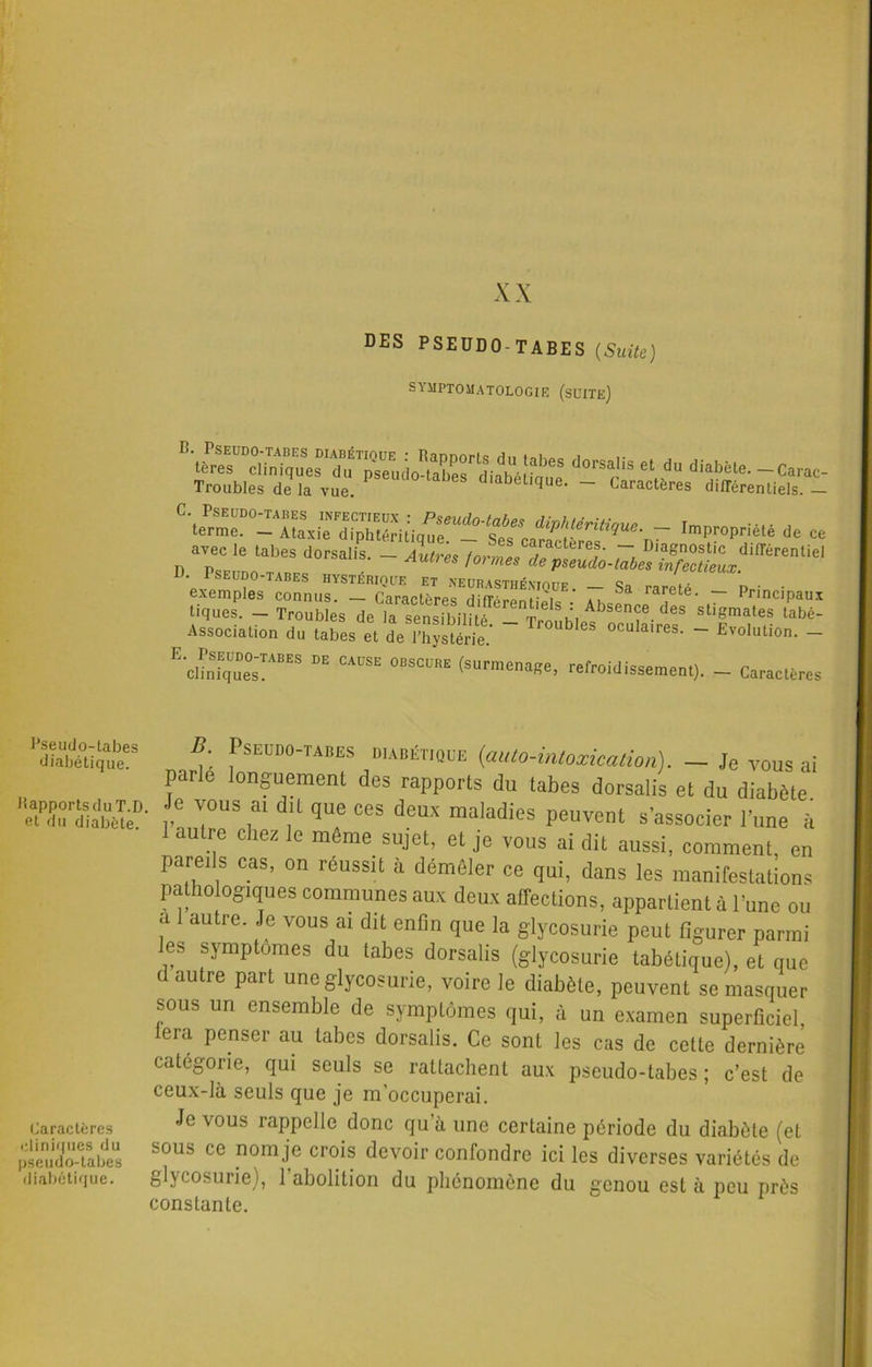 DES PSEUDO-TABES (Suite) SYMPTOMATOLOGIE (SUITE) tères c 1 i n i q u e s1 du*1 ps e u cl 04a h es ' ch' a bé L ia^u e ^p1*8 61 d diab6te- — Carac- Troubles de la vue. diabétique. — Caractères différentiels. — Impropriété de ce avec le tabes dorsalis. _ Autres formes de psYuLtabesInfeTtièlx^^ exemples connus. — Caractères dinWnr,.■ * ^a rarete- — Principaux tiques. - Troubles de la Snsiln AbsenÇe. deS sti8™tes tabé- Association du tabes et de l’hystérie.' I0ubles oculaires. - Evolution. _ 'S “ 0BS“E refroidissemen,). _ Caractères Pseudo-tabes diabétique. Rapports du T.D et du diabète. Caractères cliniques du pseudo-tabes diabétique. B. Pseudo-tabes diabétique {auto-intoxication). — Je vous ai parle longuement des rapports du tabes dorsalis et du diabète . Je vous ai dit que ces deux maladies peuvent s’associer l’une à autre chez le meme sujet, et je vous ai dit aussi, comment, en pareils cas, on réussit à démêler ce qui, dans les manifestations pathologiques communes aux deux affections, appartient à l’une ou a autre. Je vous ai dit enfin que la glycosurie peut figurer parmi les symptômes du tabes dorsalis (glycosurie tabétique), et que d autre part une glycosurie, voire le diabète, peuvent se masquer sous un ensemble de symptômes qui, à un examen superficiel, lera penser au tabes dorsalis. Ce sont les cas de cette dernière catégorie, qui seuls se rattachent aux pseudo-tabes ; c’est de ceux-là seuls que je m’occuperai. Je vous rappelle donc quà une certaine période du diabète (et sous ce nom je crois devoir confondre ici les diverses variétés de glycosurie), 1 abolition du phénomène du genou est à peu près constante.