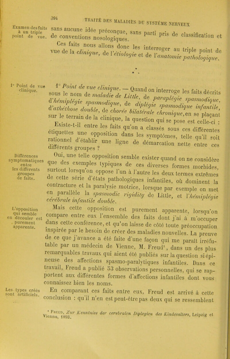 391 traité des maladies du système nerveux Exr„e„nÈSp!fs ®ansaucune idée préconçue, sans parti pris de cwr r point de vue. de conventions nosologiques. * d classification et vufdet'r/^fX^dTlV/T IeS 'tGrroscr au «pie point de tque’ de 1 et,ol°r/!e de 1 -anatomie pathologique. 1° Point de vue clinique. Différences symptomatiques entre les différents groupes de faits. L’opposition qui semble en découler est . purement apparente. Les types créés sont artificiels. SOU d'hémiplégie spasmodique de d^P^plegie spasmodique, rVnthpti ? , , ’ e dtylegie spasmodique infantile \:TZ££1;; r ^oniqufen se pla am une erra n de la chmque, la question qui se pose est celle-ci • ms e-t-il entre les faits qu’on a classés sous ces différentes el quelles une opposition dans les symptômes, telle qu’il =oil laùoimel d elabl.r une ligne de démarcation nette entre ces differents groupes ? Oui, une telle opposition semble exister quand on ne considère q e des exemples typiques de ces diverses formes morbides, surtout lorsqu on oppose l'un à l’autre les deux termes extrêmes cette sene dotais pathologiques infantiles, où dominent la contracture et la paralysie motrice, lorsque par exemple on met en parallèle la spasmodic ngidily de Little, et Y hémiplégie cerebrale infantile double. 1 J Mais cette opposition est purement apparente, lorsqu’on compare entre eux l’ensemble des faits dont j’ai à m’occuper dans cette conférence, et qu’on laisse de côté toute préoccupation inspirée par le besoin de créer des maladies nouvelles. La preuve de ce que j’avance a élé faite d’une façon qui me parait irréfu- table par un médecin de Vienne, M. Freud', dans un des plus remarquables travaux qui aient été publiés sur la question si épi- neuse des affections spasmo-paralyliques infantiles. Dans ce travail, freud a publié 53 observations personnelles, qui se rap- portent aux différentes formes d’affections infantiles dont vous connaissez bien les noms. hn comparant ces faits entre eux, Freud est arrivé à celte conclusion : qu il n en est peut-être pas deux qui se ressemblent VicnFnoU;^“r Kennlniss der cereàrolen Diplegien des Kindesallers, Leipzig et