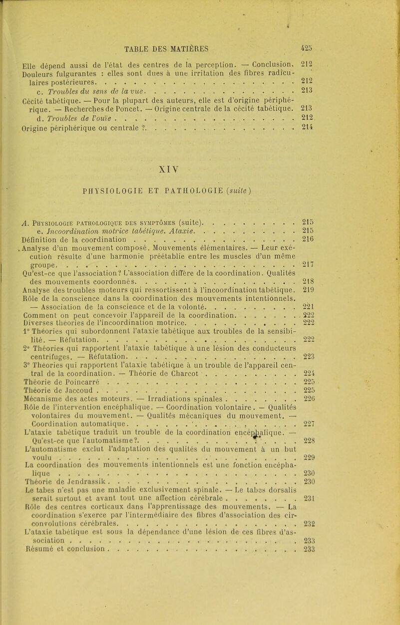 Douleurs fulgurantes : elles sont dues à une irritation des fibres radicu- laires postérieures 212 c. Troubles du sens de la vue 213 Cécité tabétique. —Pour la plupart des auteurs, elle est d’origine périphé- rique. — Recherches de Poncet. —Origine centrale delà cécité tabétique. 213 d. Troubles de l’ouïe 212 Origine périphérique ou centrale ? 214 XIY PHYSIOLOGIE ET PATHOLOGIE (suite) A. Physiologie pathologique des symptômes (suite) 215 e. Incoordination motrice tabétique. Ataxie 215 Définition de la coordination 216 .Analyse d’un mouvement composé. Mouvements élémentaires. — Leur exé- cution résulte d’une harmonie préétablie entre les muscles d’un même groupe 217 Qu’est-ce que l’association? L’association diffère de la coordination. Qualités des mouvements coordonnés 218 Analyse des troubles moteurs qui ressortissent à l’incoordination tabétique. 219 Rôle de la conscience dans la coordination des mouvements intentionnels. — Association de la conscience et de la volonté 221 Comment on peut concevoir l’appareil de la coordination. ....... 222 Diverses théories de l’incoordination motrice 222 1° Théories qui subordonnent l’ataxie tabétique aux troubles de la sensibi- lité. — Réfutation 222 2° Théories qui rapportent l’ataxie tabétique à une lésion des conducteurs centrifuges. — Réfutation 223 3° Théories qui rapportent l’ataxie tabétique à un trouble de l’appareil cen- tral de la coordination. — Théorie de Charcot ■ 224 Théorie de Poincarré 225 Théorie de Jaccoud 225 Mécanisme des actes moteurs. — Irradiations spinales 226 Rôle de l’intervention encéphalique. —Coordination volontaire. — Qualités volontaires du mouvement. — Qualités mécaniques du mouvement. — Coordination automatique '...... 227 L’ataxie tabétique traduit un trouble de la coordination encéphalique. — Qu’est-ce que l’automatisme? 228 L’automatisme exclut l’adaptation des qualités du mouvement à un but voulu 229 La coordination des mouvements intentionnels est une fonction encépha- lique 230 Théorie de Jendrassik 230 Le tabes n’est pas une maladie exclusivement spinale. —Le tabes dorsalis serait surtout et avant tout une affection cérébrale 231 Rôle des centres corticaux dans l’apprentissage des mouvements. — La coordination s’exerce par l’intermédiaire des fibres d’association des cir- convolutions cérébrales 232 L’ataxie tabétique est sous la dépendance d’une lésion de ces fibres d’as- sociation . 233 Résumé et conclusion 233