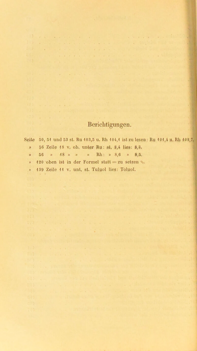Berichtigungen. Seite SO, 51 und 53 st. Ru 103,5 u. Rh 104,1 ist zu lesen : Ru 101,4 u. Rh 402,7 » 56 Zeile 18 v. ob. unter Ru: st, 8,4 lies: 8,3. » 56 » 4 8 » » » Rh: » 8,6 » 8,5. » 120 oben ist in der Formel statt = zu setzen^.