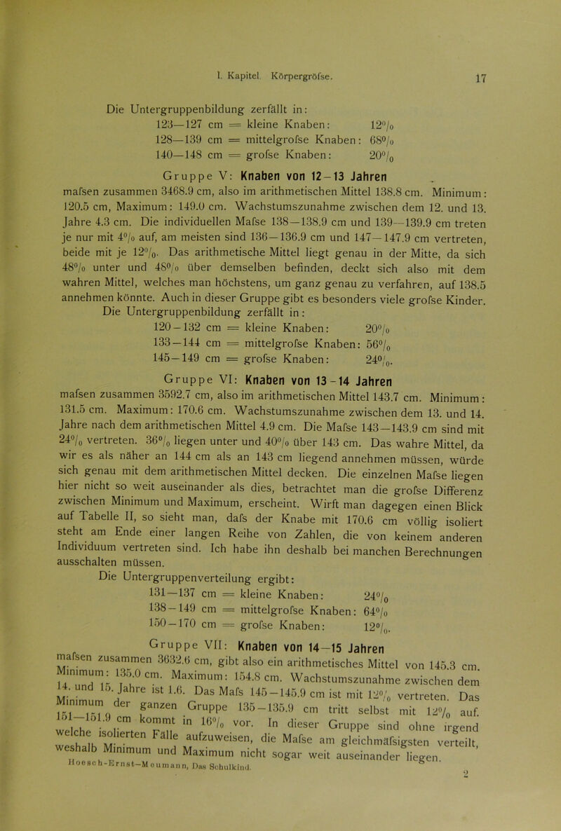 Die Untergruppenbildung zerfällt in: 123—127 cm = kleine Knaben: 12°/o 128—139 cm = mittelgrofse Knaben: 68% 140—148 cm = grofse Knaben: 20°/0 Gruppe V: Knaben von 12-13 Jahren mafsen zusammen 3468.9 cm, also im arithmetischen Mittel 138.8 cm. Minimum : 120.5 cm, Maximum: 149.0 cm. Wachstumszunahme zwischen dem 12. und 13. Jahre 4.3 cm. Die individuellen Mafse 138 — 138.9 cm und 139—139.9 cm treten je nur mit 4°/o auf, am meisten sind 136—136.9 cm und 147—147.9 cm vertreten, beide mit je 12%. Das arithmetische Mittel liegt genau in der Mitte, da sich 48% unter und 4S°/o über demselben befinden, deckt sich also mit dem wahren Mittel, welches man höchstens, um ganz genau zu verfahren, auf 138.5 annehmen könnte. Auch in dieser Gruppe gibt es besonders viele grofse Kinder. Die Untergruppenbildung zerfällt in : 120 — 132 cm = kleine Knaben: 20°/o 133 — 144 cm = mittelgrofse Knaben: 56% 145—149 cm = grofse Knaben: 24%. Gruppe VI: Knaben von 13-14 Jahren mafsen zusammen 3592. t cm, also im arithmetischen Mittel 143.7 cm. Minimum: 131.5 cm. Maximum: 170.6 cm. Wachstumszunahme zwischen dem 13. und 14. Jahre nach dem arithmetischen Mittel 4.9 cm. Die Mafse 143 — 143.9 cm sind mit 24% vertreten. 36% liegen unter und 40% über 143 cm. Das wahre Mittel, da wir es als näher an 144 cm als an 143 cm liegend annehmen müssen, würde sich genau mit dem arithmetischen Mittel decken. Die einzelnen Mafse liegen hier nicht so weit auseinander als dies, betrachtet man die grofse Differenz zwischen Minimum und Maximum, erscheint. Wirft man dagegen einen Blick auf Tabelle II, so sieht man, dafs der Knabe mit 170.6 cm völlig isoliert steht am Ende einer langen Reihe von Zahlen, die von keinem anderen Individuum vertreten sind. Ich habe ihn deshalb bei manchen Berechnungen ausschalten müssen. Die Untergruppenverteilung ergibt: 131—137 cm = kleine Knaben: 24% 138-149 cm = mittelgrofse Knaben: 64% 150-170 cm = grofse Knaben: 12%. Gruppe vil: Knaben von 14-15 Jahren mafsen zusammen 3632.6 cm, gibt also ein arithmetisches Mittel von 145.3 cm. l^ünd^r Y!u° Cm’ Maximum: 154-8cm- Wachstumszunahme zwischen dem Miniml 1J e 1St Das MafS 145145-9 cm ist mit 12% vertreten. Das j51 ,r| (i Gr Sanzen Gruppe 135-135.9 cm tritt selbst mit 12% auf. W 1 h •' ,Cm k°^mt ln 16°/o VOr- In dieser Gruppe sind ohne irgend J hH 1K1Sm ,ert6n FäUe aufzuweisen- clie Mafse am gleichmäfsigsten verteilt ef a^ Minimum und Maximum nicht sogar weit auseinander liegen. JI00 8C h-Emst-Mo um an n, Das Schulkind.