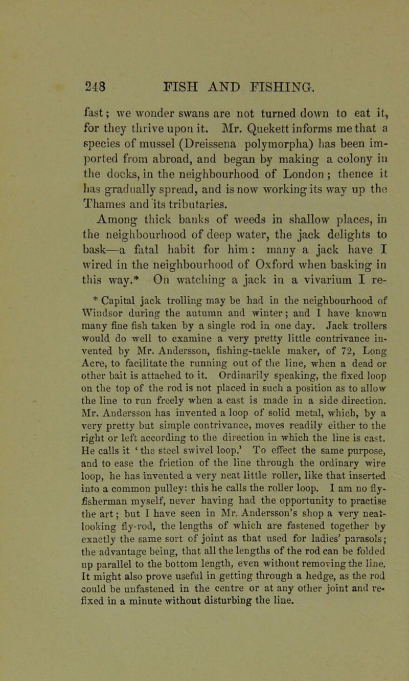 fast; we wonder swans are not turned down to eat it, for they thrive upon it. Mr. Quekett informs me that a species of mussel (Dreissena polymorpha) lias been im- ported from abroad, and began by making a colony in the docks, in the neighbourhood of London ; thence it lias gradually spread, and is now working its way up the Thames and its tributaries. Among thick banks of weeds in shallow places, in the neighbourhood of deep water, the jack delights to bask—a fatal habit for him : many a jack have I wired in the neighbourhood of Oxford when basking in this way.* On watching a jack in a vivarium I re- * Capital jack trolling may be bad in the neighbourhood of Windsor during the autumn and winter; and 1 have known many fine fish taken by a single rod ia one day. Jack trailers would do well to examine a very pretty little contrivance in- vented by Mr. Andersson, fishing-tackle maker, of 72, Long Acre, to facilitate the running out of the line, when a dead or other bait is attached to it. Ordinarily speaking, the fixed loop on the top of the rod is not placed in such a position as to allow the line to run freely when a cast is made in a side direction. Mr. Andersson has invented a loop of solid metal, which, by a very pretty but simple contrivance, moves readily either to the right or left according to the direction in which the line is cast. He calls it ‘ the steel swivel loop.’ To effect the same purpose, and to ease the friction of the line through the ordinary wire loop, he has invented a very neat little roller, like that inserted into a common pulley: this he calls the roller loop. I am no fiy- fisherman myself, never having had the opportunity to practise the art; but I have seen in Mr. Andersson’s shop a very neat- looking fly-rod, the lengths of which are fastened together by exactly the same sort of joint as that used for ladies’ parasols; the advantage being, that all the lengths of the rod can be folded up parallel to the bottom length, even without removing the line. It might also prove useful in getting through a hedge, as the rod could be unfastened in the centre or at any other joint and re- fixed in a minute without disturbing the line.