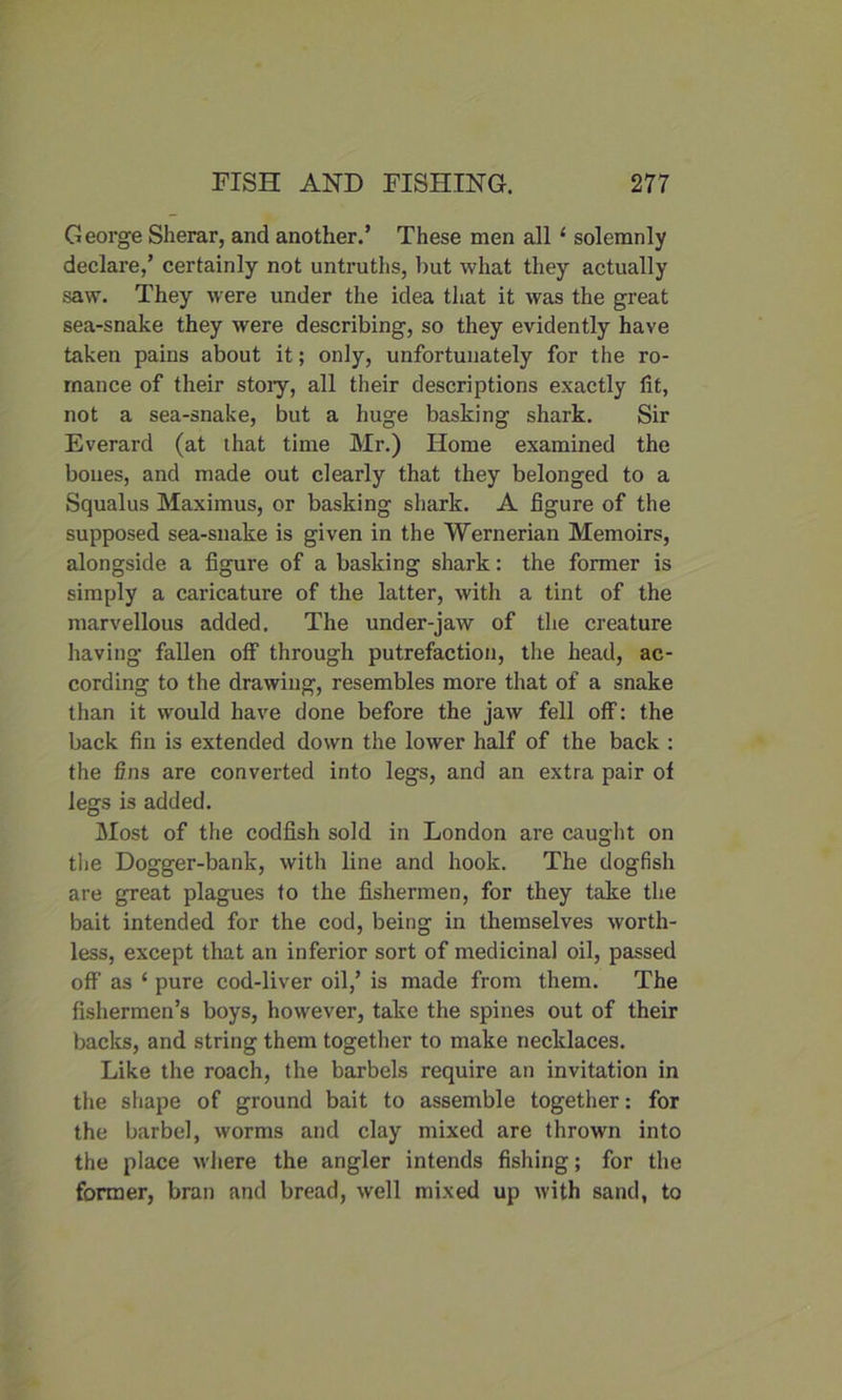 George Sherar, and another.’ These men all ‘ solemnly declare,’ certainly not untruths, but what they actually saw. They were under the idea that it was the great sea-snake they were describing, so they evidently have taken pains about it; only, unfortunately for the ro- mance of their stoiy, all their descriptions exactly fit, not a sea-snake, but a huge basking shark. Sir Everard (at that time Mr.) Home examined the bones, and made out clearly that they belonged to a Squalus Maximus, or basking shark. A figure of the supposed sea-snake is given in the Wernerian Memoirs, alongside a figure of a basking shark: the former is simply a caricature of the latter, with a tint of the marvellous added. The under-jaw of the creature having fallen off through putrefaction, the head, ac- cording to the drawing, resembles more that of a snake than it would have done before the jaw fell off: the back fin is extended down the lower half of the back : the fins are converted into legs, and an extra pair of legs is added. Most of the codfish sold in London are caught on the Dogger-bank, with line and hook. The dogfish are great plagues to the fishermen, for they take the bait intended for the cod, being in themselves worth- less, except that an inferior sort of medicinal oil, passed off as ‘ pure cod-liver oil,’ is made from them. The fishermen’s boys, however, take the spines out of their backs, and string them together to make necklaces. Like the roach, the barbels require an invitation in the shape of ground bait to assemble together: for the barbel, worms and clay mixed are thrown into the place where the angler intends fishing; for the former, bran and bread, well mixed up with sand, to
