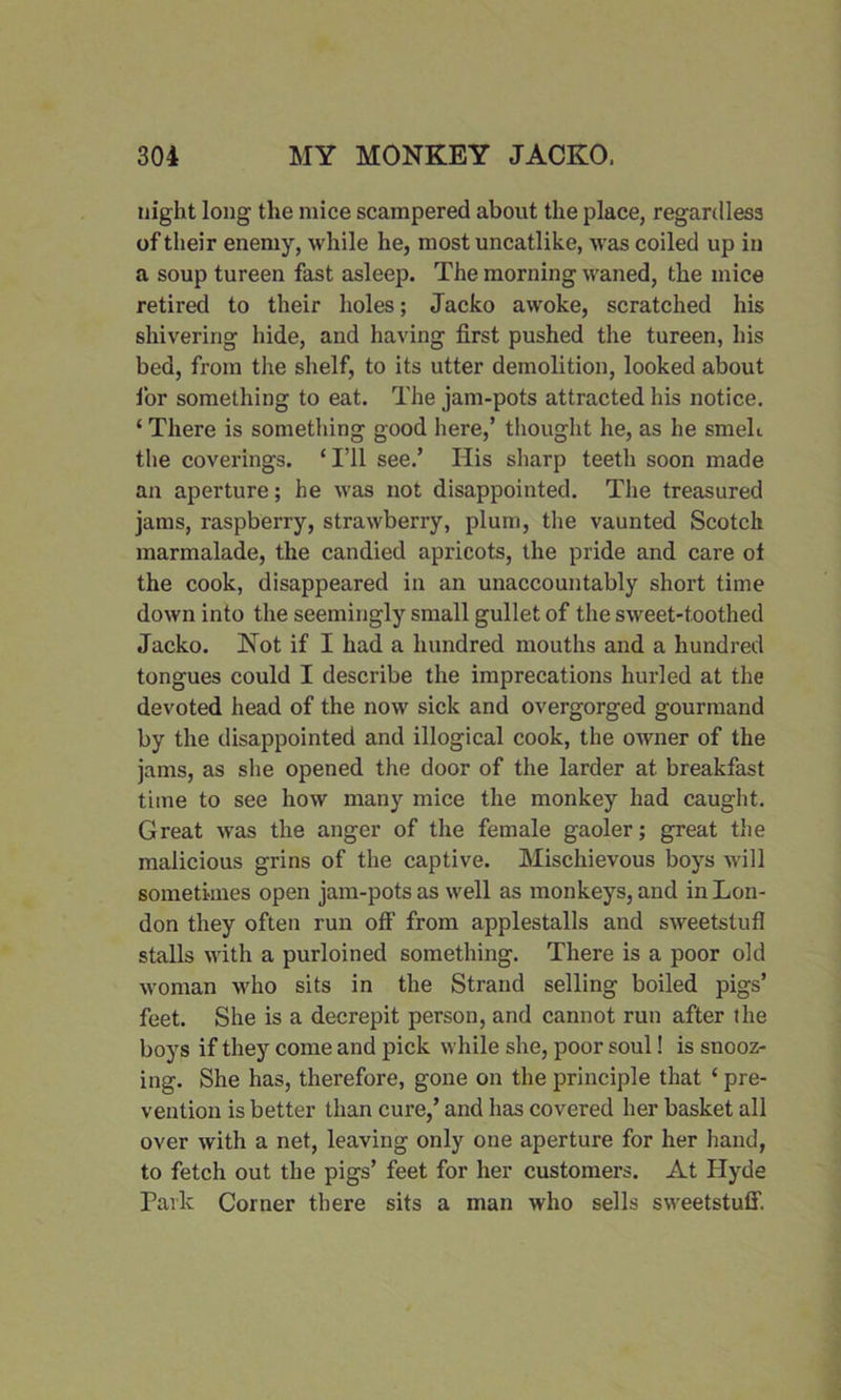night long the mice scampered about the place, regardless of their enemy, while he, most uncatlike, was coiled up in a soup tureen fast asleep. The morning waned, the mice retired to their holes; Jacko awoke, scratched his shivering hide, and having first pushed the tureen, his bed, from the shelf, to its utter demolition, looked about lor something to eat. The jam-pots attracted his notice. ‘ There is something good here,’ thought he, as he smelt the coverings. ‘ I’ll see.’ His sharp teeth soon made an aperture; he was not disappointed. The treasured jams, raspberry, strawberry, plum, the vaunted Scotch marmalade, the candied apricots, the pride and care ol the cook, disappeared in an unaccountably short time down into the seemingly small gullet of the sweet-toothed Jacko. Not if I had a hundred mouths and a hundred tongues could I describe the imprecations hurled at the devoted head of the now sick and overgorged gourmand by the disappointed and illogical cook, the owner of the jams, as she opened the door of the larder at breakfast time to see how many mice the monkey had caught. Great was the anger of the female gaoler; great the malicious grins of the captive. Mischievous boys will sometimes open jam-pots as well as monkeys, and in Lon- don they often run off from applestalls and sweetstufl stalls with a purloined something. There is a poor old woman who sits in the Strand selling boiled pigs’ feet. She is a decrepit person, and cannot run after the boys if they come and pick while she, poor soul! is snooz- ing. She has, therefore, gone on the principle that ‘ pre- vention is better than cure,’ and has covered her basket all over with a net, leaving only one aperture for her hand, to fetch out the pigs’ feet for her customers. At Hyde Park Corner there sits a man who sells sweetstuff.
