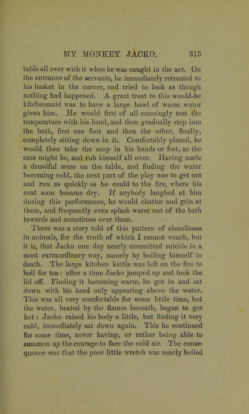 table all over with it when he was caught in the act. On the entrance of the servants, he immediately retreated to his basket in the corner, and tried to look as though nothing had happened. A great treat to this would-be kitchenmaid was to have a large bowl of warm water given him. He would first of all cunningly test the temperature with his hand, and then gradually step into the bath, first one foot and then the other, finally, completely sitting down in it. Comfortably placed, he would then take the soap in his hands or feet, as the case might be, and rub himself all over. Having made a dreadful mess on the table, and finding the water becoming cold, the next part of the play was to get out and run as quickly as he could to the fire, where his coat soon became dry. If anybody laughed at him during this performance, he would chatter and grin at them, and frequently even splash water out of the bath towards and sometimes over them. There was a story told of this pattern of cleanliness in animals, for the truth of which I cannot vouch, but it is, that Jacko one day nearly committed suicide in a most extraordinary way, namely by boiling himself to death. The large kitchen kettle was left on the fire to boil for tea: after a time Jacko jumped up and took the lid off. Finding it becoming warm, he got in and sat down with his head only appearing above the water. This was all very comfortable for some little time, but the water, heated by the flames beneath, began to get hot: Jacko raised his body a little, but finding it very cold, immediately sat down again. This he continued for some time, never having, or rather being able to summon up the courage to face the cold air. The conse- quence was that the poor little wretch was nearly boiled