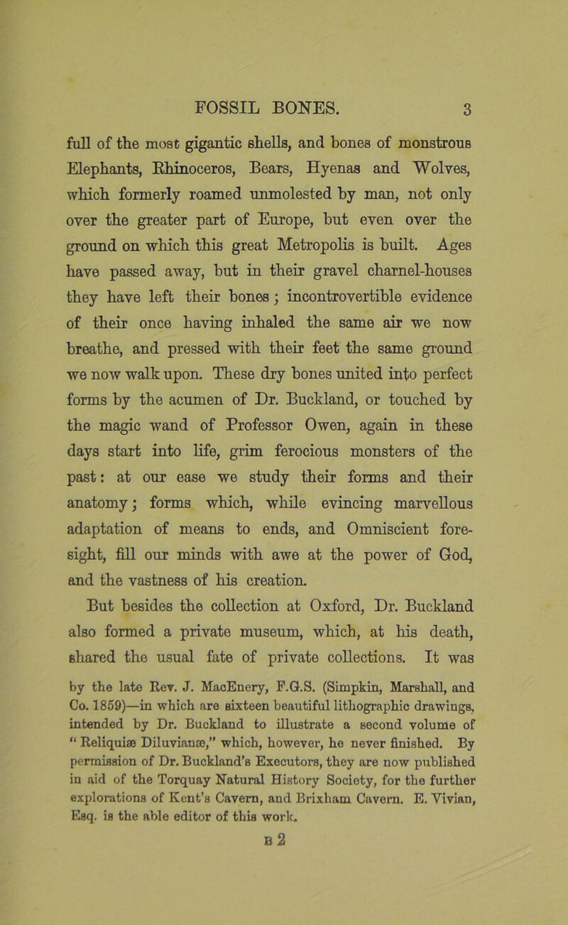 full of the most gigantic shells, and bones of monstrous Elephants, Ehinoceros, Bears, Hyenas and Wolves, which formerly roamed unmolested hy man, not only over the greater part of Europe, but even over the ground on which this great Metropolis is built. Ages have passed away, but in their gravel charnel-houses they have left their bones; incontrovertible evidence of their once having inhaled the same air we now breathe, and pressed with their feet the same ground we now walk upon. These dry bones united into perfect forms by the acumen of Dr. Buckland, or touched by the magic wand of Professor Owen, again in these days start into life, grim ferocious monsters of the past: at our ease we study their forms and their anatomy j forms which, while evincing marvellous adaptation of means to ends, and Omniscient fore- sight, fill our minds with awe at the power of God, and the vastness of his creation But besides the collection at Oxford, Dr. Buckland also formed a private museum, which, at his death, shared the usual fate of private collections. It was by the late Rev. J. MacEnery, F.G.S. (Simpkin, Marshall, and Co. 1859)—in which are sixteen beautiful lithographic drawings, intended by Dr. Buckland to illustrate a second volume of Reliquiffl Diluvianffi,” which, however, he never finished. By permission of Dr. Buckland’s Executors, they are now published in aid of the Torquay Natural History Society, for the further explorations of Kent’s Cavern, and Brixham Cavern. E. Vivian, Esq. is the able editor of this work. B 2