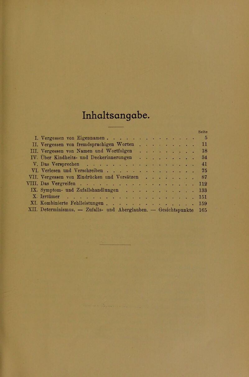 Inhaltsangabe. Seite I. Vergessen von Eigennamen 5 II. Vergessen von fremdsprachigen Worten . 11 III. Vergessen von Namen und Wortfolgen 18 IV. Über Kindheits- und Deckerinnerungen 34 V. Das Versprechen 41 VI. Verlesen und Verschreiben 75 VII. Vergessen von Eindrücken und Vorsätzen ........ 87 VIEL Das Vergreifen 112 IX. Symptom- und Zufallshandlungen 133 X. Irrtümer 151 XI. Kombinierte Fehlleistungen 159 XII. Determinismus. — Zufalls- und Aberglauben. — Gesichtspunkte 165