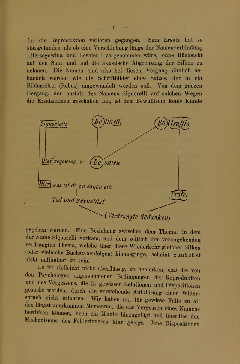 für die Reproduktion verloren gegangen. Sein Ersatz hat so stattgefunden, als ob eine Verschiebung längs der Namenverbindung „Herzegowina und Bosnien“ vorgenommen wäre, ohne Rücksicht auf den Sinn und auf die akustische Abgrenzung der Silben zu nehmen. Die Namen sind also bei diesem Vorgang ähnlich be- handelt worden wie die Schriftbilder eines Satzes, der in ein Bilderrätsel (Rebus) umgewandelt werden soll. Von dem ganzen Hergang, der anstatt des Namens Signorelli auf solchen Wegen die Ersatznamen geschaffen hat, ist dem Bewußtsein keine Kunde gegeben worden. Eine Beziehung zwischen dem Thema, in dem der Isame Signorelli vorkam, und dem zeitlich ihm vorangehenden verdrängten Thema, welche über diese Wiederkehr gleicher Silben (oder vielmehr Buchstabenfolgen) hinausginge, scheint zunächst nicht auffindbar zu sein. Es ist vielleicht nicht überflüssig, zu bemerken, daß die von den Psychologen angenommenen Bedingungen der Reproduktion und des Vergessens, die in gewissen Relationen und Dispositionen gesucht werden, durch die vorstehende Aufklärung einen Wider- spruch nicht erfahren. Wir haben nur für gewisse Fälle zu all den längst anerkannten Momenten, die das Vergessen eines Namens bewirken können, noch ein Motiv hinzugefügt und überdies den Mechanismus des Fehlerinnerns klar gelegt. Jene Dispositionen