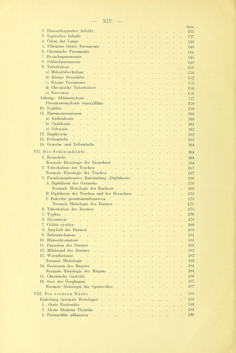 2. Hämorrhagischer Infarkt 3. Septischer Infarkt 4. Ödem der Lunge 5. Fibrinöse iobäre Pneumonie 6. Chronische Pneumonie 7. Bronchopneumonie 8. Schluckpneumonie 9. Tuberkulose a) Miliartuberkulose b) Käsige Bronchitis c) Käsige Pneumonie d) Chronische Tuberkulose e) Kavernen . Anhang: Aktinomykose Pneumonomykosis aspergillina . 10. Syphilis 11. Pneumonoconiosen a) Anthrakosis b) Chalikosis c) Siderosis 12. Emphysem 13. Fettembolie 14. Gewebs- und Zellembolie VII. D ie Schleimhäute 1. Bronchitis Normale Histologie der Bronchien 2. Tuberkulose der Trachea Normale Histologie der Trachea 3. Pseudomembranöse Entzündung (Diphtherie) A Diphtherie des Gaumens Normale Histologie des Rachens . B Diphtherie der Trachea und der Bronchien C Enteritis pseudomembranacea . Normale Histologie des Darmes . 4. Tuberkulose des Darmes 5. Typhus 6. Dysenterie 7. Colitis cystica 8. Amyloid des Darmes 9. Zottenmelanose 10. Hämochromatose 11. Parasiten des Darmes 12. Milzbrand des Darmes 13. Wurmfortsatz , Normale Histologie 14. Erosionen des Magens Normale Histologie des Magens . . . . 15. Chronische Gastritis 16. Soor des Ösophagus Normale Histologie der Speiseröhre . VIII. Die serösen Häute Einleitung (normale Histologie) 1. Akute Peritonitis 2. Akute fibrinöse Pleuritis 3. Pericarditis adliaesiva Seite 135 137 139 140 144 145 148 150 150 152 158 154 156 157 158 159 160 160 161 162 162 163 164 164 164 164 167 167 168 170 169 172 173 173 175 176 178 180 180 181 181 181 183 183 183 184 184 186 187 187 188 188 188 189 190