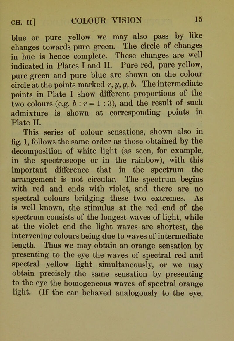 CH. ii] blue or pure yellow we may also pass by like changes towards pure green. The circle of changes in hue is hence complete. These changes are well indicated in Plates I and II. Pure red, pure yellow, pure green and pure blue are shown on the colour circle at the points marked r, y, g, b. The intermediate points in Plate I show different proportions of the two colours (e.g. b : r= I : 3), and the result of such admixture is shown at corresponding points in Plate II. This series of colour sensations, shown also in fig. 1, follows the same order as those obtained by the decomposition of white light (as seen, for example, in the spectroscope or in the rainbow), with this important difierence that in the spectrum the arrangement is not circular. The spectrum begins with red and ends with violet, and there are no spectral colours bridging these two extremes. As is well known, the stimulus at the red end of the spectrum consists of the longest waves of light, while at the violet end the light waves are shortest, the intervening colours being due to waves of intermediate length. Thus we may obtain an orange sensation by presenting to the eye the waves of spectral red and spectral yellow light simultaneously, or we may obtain precisely the same sensation by presenting to the eye the homogeneous waves of spectral orange light. (If the ear behaved analogously to the eye.