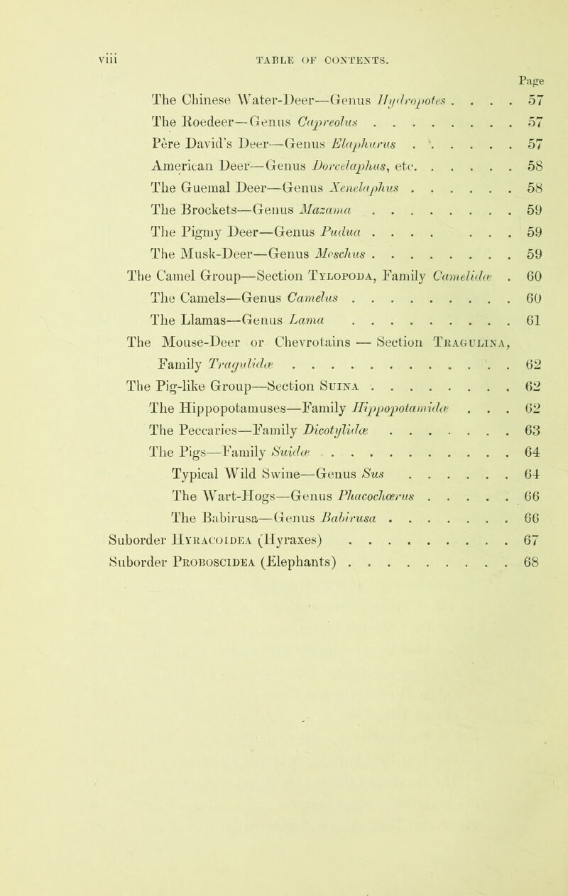 Page The Chinese AVater-Deer—Genus Hydropotes . . . . 57 The Roedeer—Genus Capreolus 57 Pere David’s Deer—Genus Elaphurus . 57 American Deer—Genus Dorcelaphus, etc 58 The Guemal Deer—Genus Xenelaplius 58 The Brockets—Genus Mazcmia 59 The Pigmy Deer—Genus Puduct .... ... 59 The Musk-Deer—Genus Moschus 59 The Camel Group—Section Tylopoda, Family Camelidce . 60 The Camels—Genus Camelus 60 The Llamas—Genus Lama 61 The Mouse-Deer or Chevrotains — Section Tbagueina, Family Tragulidce 62 The Pig-like Group—Section Suina . . 62 The Hippopotamuses—Family Hippopotamidce ... 62 The Peccaries—Family Dicotylidce 63 The Pigs—Family Suidce 64 Typical AVAld Swine—Genus Sus 64 The AVart-Hogs—Genus Phacoclioerus 66 The Babirusa—Genus Babirusa 66 Suborder Hyeacoidea (Hyraxes) 67 Suborder Proboscidea (Elephants) 68