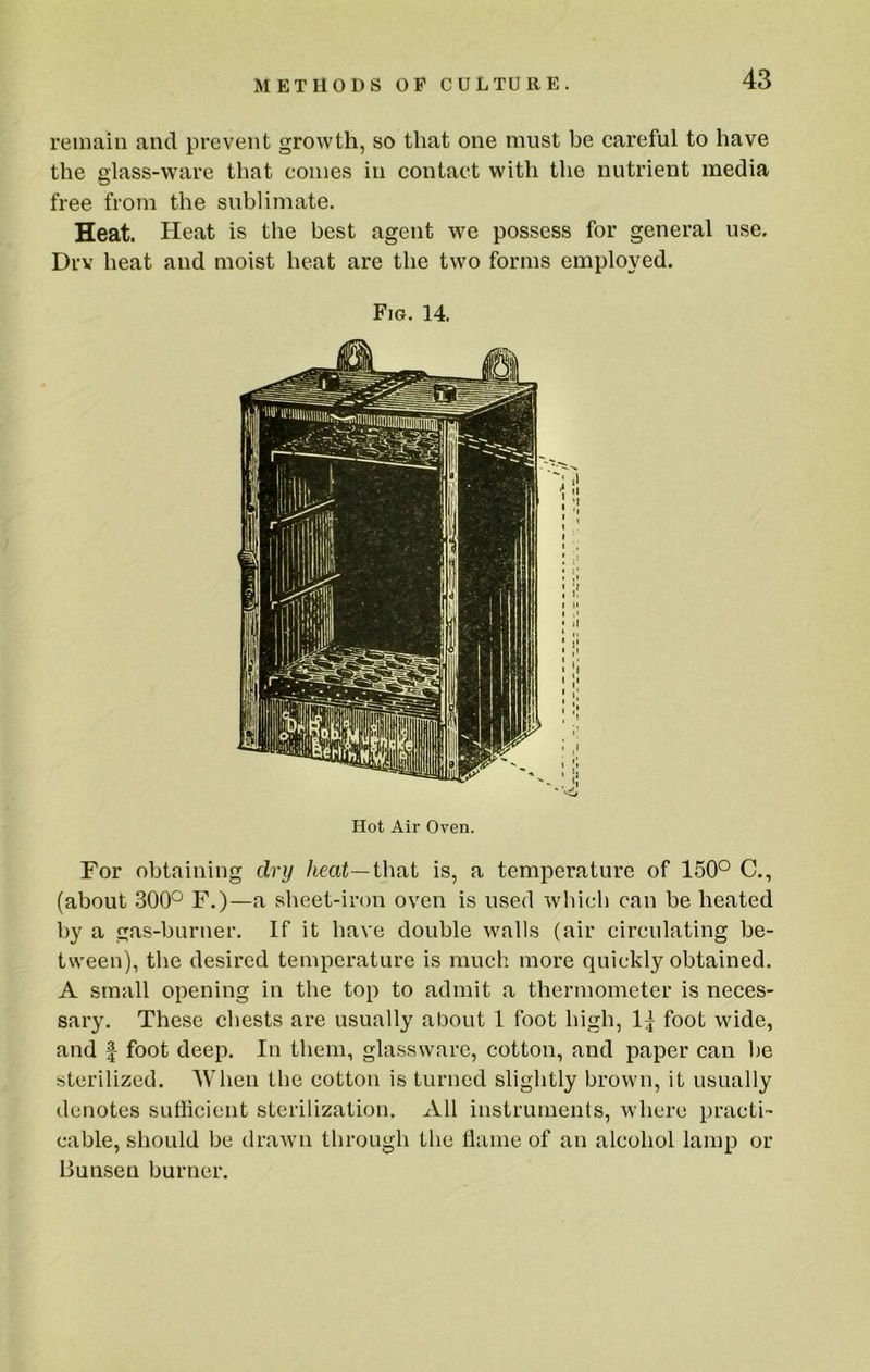 remain and prevent growth, so that one must be careful to have the glass-ware that conies in contact with the nutrient media free from the sublimate. Heat. Heat is the best agent we possess for general use. Drv heat and moist heat are the two forms employed. Fig. 14. Hot Air Oven. For obtaining dry heat—that is, a temperature of 150° C., (about 300° F.)—a sheet-iron oven is used which can be heated by a gas-burner. If it have double walls (air circulating be- tween), the desired temperature is much more quickly obtained. A small opening in the top to admit a thermometer is neces- sary. These chests are usually about 1 foot high, 1| foot wide, and f foot deep. In them, glassware, cotton, and paper can he sterilized. AVhen the cotton is turned slightly brown, it usually denotes sufficient sterilization. xVll instruments, where practi- cable, should be drawn through the flame of an alcohol lamp or Bunsen burner.