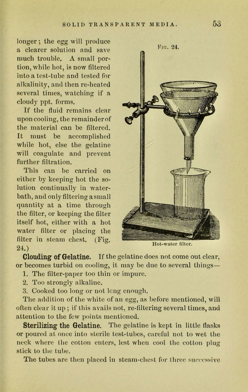 longer; the egg will produce a clearer solution and save much trouble. A small por- tion, while hot, is now filtered into a test-tube and tested for alkalinity, and then re-heated several times, watching if a cloudy ppt. forms. If the fluid remains clear upon cooling, the remainder of the material can be Altered. It must be accomplished while hot, else the gelatine will coagulate and prevent further filtration. This can be carried on either by keeping hot the so- lution continually in water- bath, and only filtering a small quantity at a time through the filter, or keeping the filter itself hot, either with a hot water filter or placing the filter in steam chest. (Fig. 24.) Clouding of Gelatine. If the gelatine does not come out clear, or becomes turbid on cooling, it may be due to several things— 1. The filter-paper too thin or impure. 2. Too strongly alkaline. .3. Cooked too long or not long enough. The addition of the white of an egg, as before mentioned, will often clear it up ; if this avails not, re-filtering several times, and attention to the few points mentioned. Sterilizing the Gelatine. The gelatine is kept in little flasks or poured at once into sterile test-tubes, careful not to wet the neck where the cotton enters, lest when cool the cotton plug stick to the tube. The tubes are then placed in steam-chest for tliree successive Fio. 24. Hot-water filter.